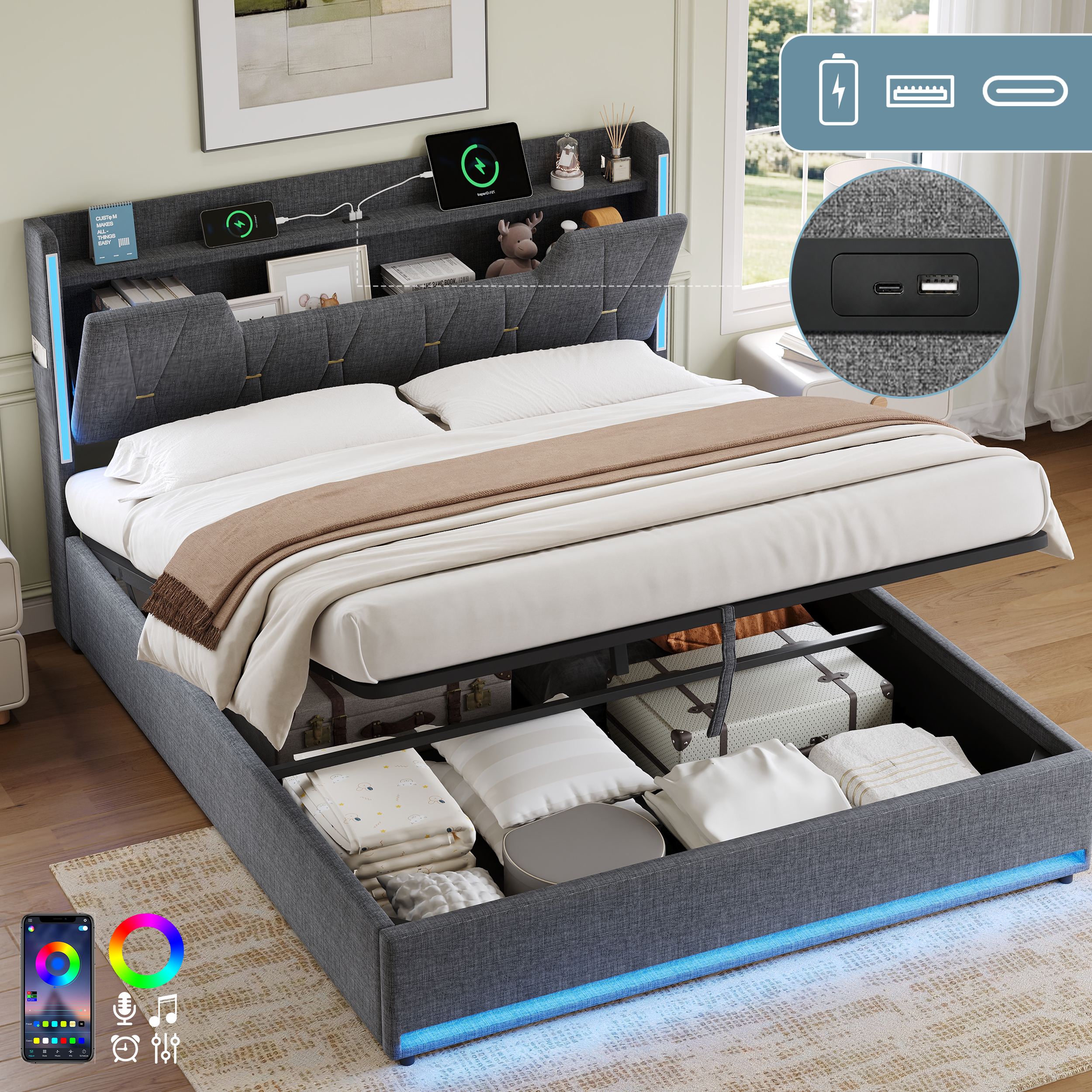 5ft King Upholstered Bed Frame With Hydraulic Storage, LED X-Shape Headboard With Charging Station And Flip-top Headboard Storage, USB And Type - C Ports, Linen, Grey No Mattress product image