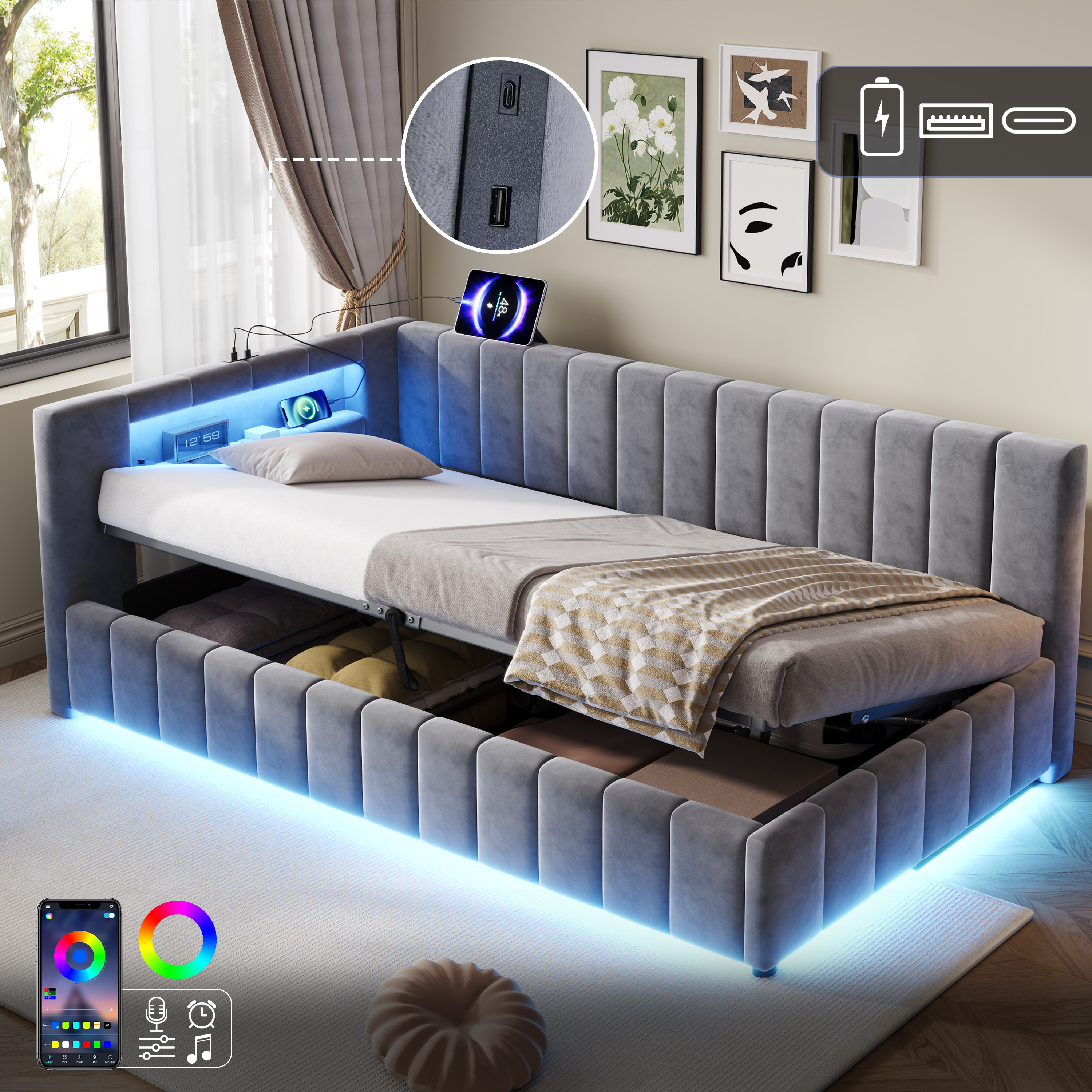 3ft Single Velvet Side Hydraulic Storage Bed With Smart RGB LED Lights & Charging Station, Side Opening Ottoman Bed Frame With Type-C & USB Ports, Cha