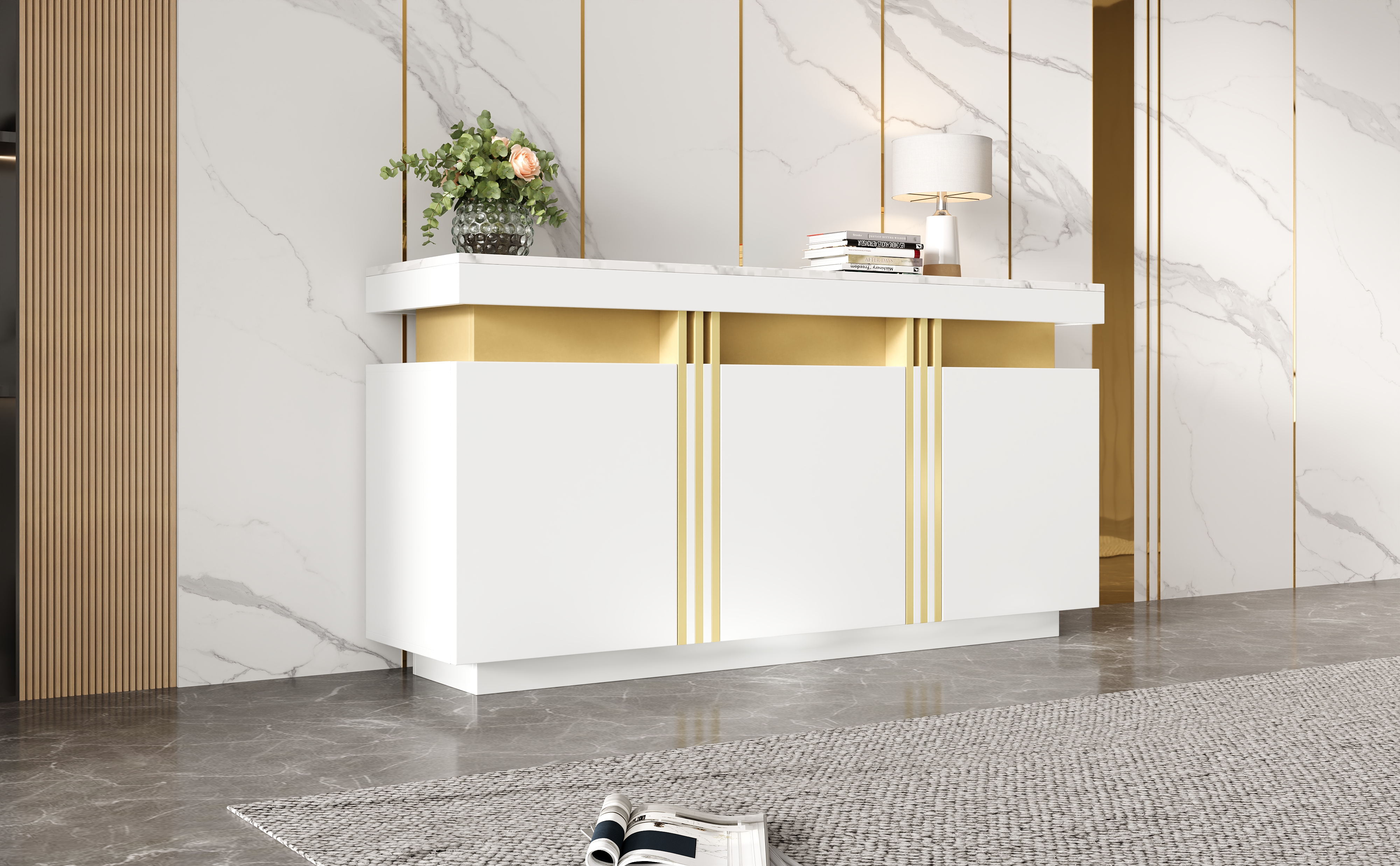 Modern White & Gold Buffet Cabinet, 55'' Sideboard With Faux Marble Top — image 3