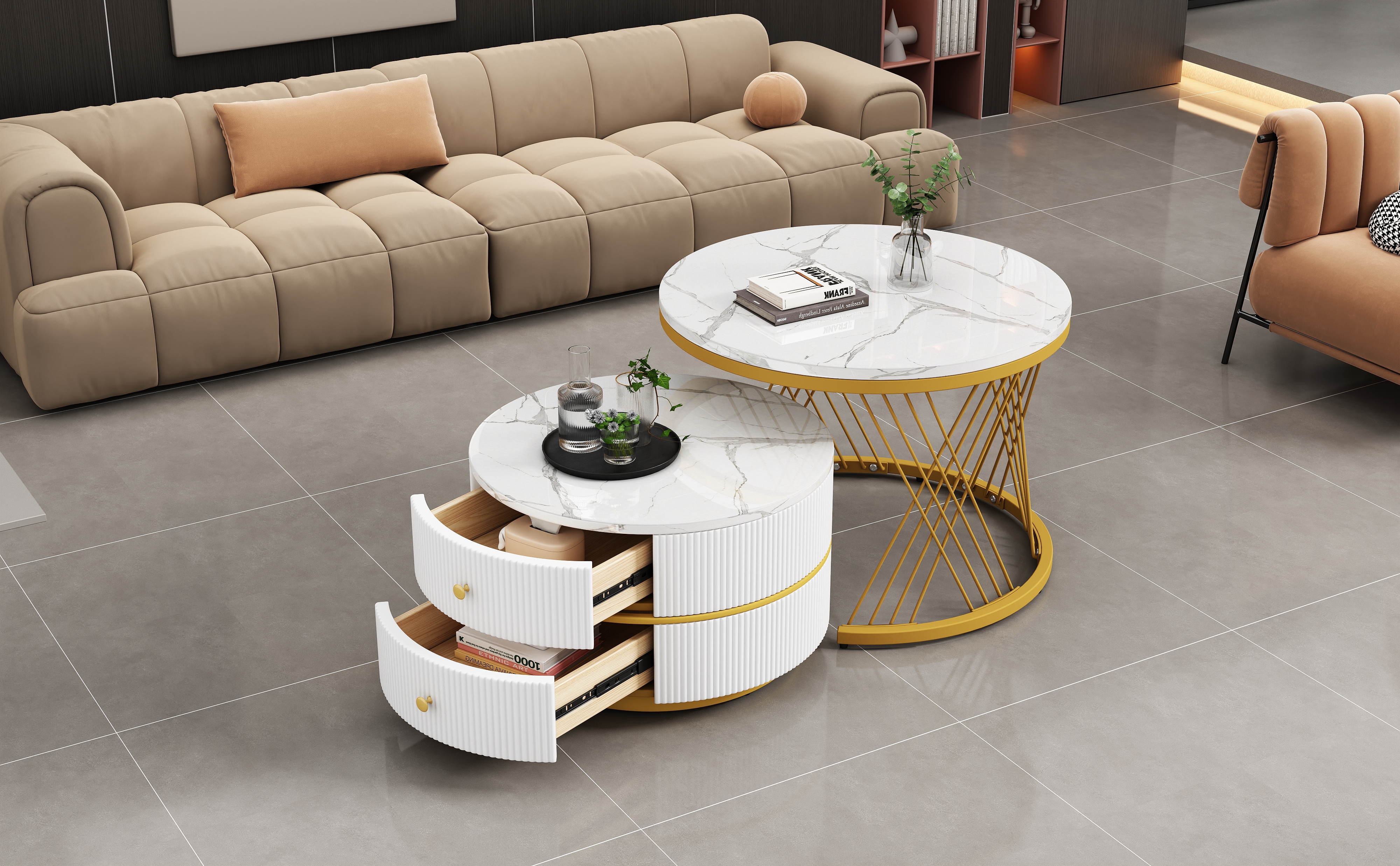 High Gloss Round Nesting Coffee Table With Marble Top, End White & Black Set — image 2