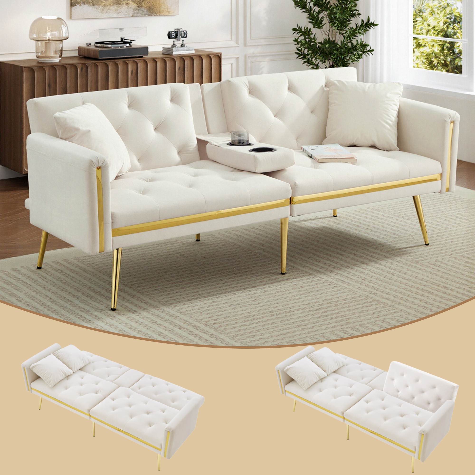 Two-seater Sofa Bed With Adjustable Backrest, Gold Accents And Built-in Cup — image 5