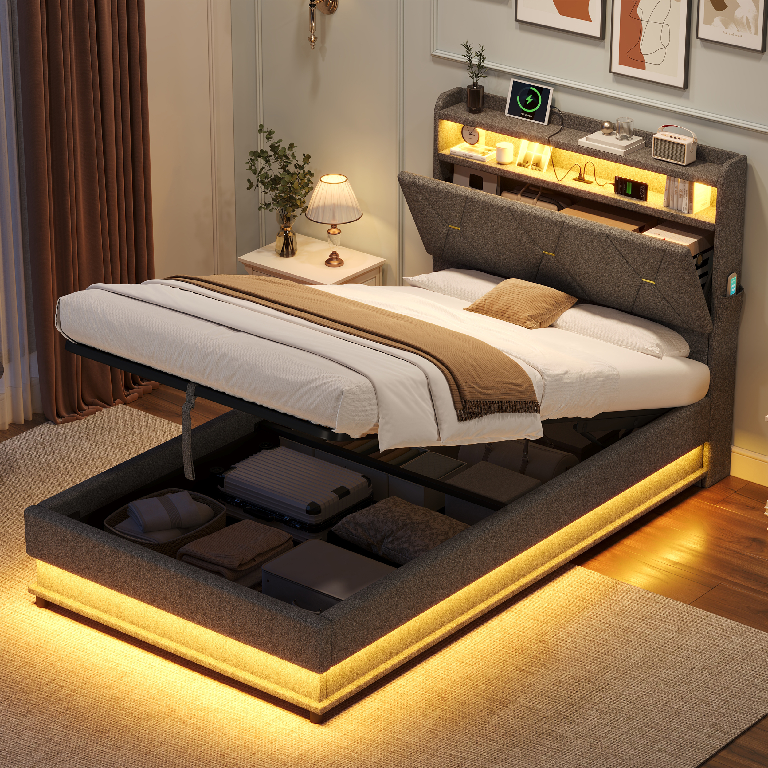 3ft Single Upholstered Bed Frame With Hydraulic Storage, LED Headboard Charging — image 2