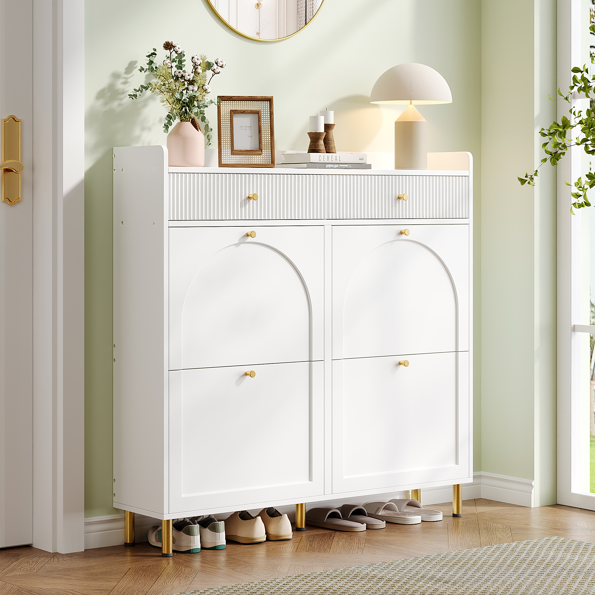 Narrow Shoe Cabinet With 4 Flip Doors And 2 Drawers, Adjustable Shelves, Metal — image 5