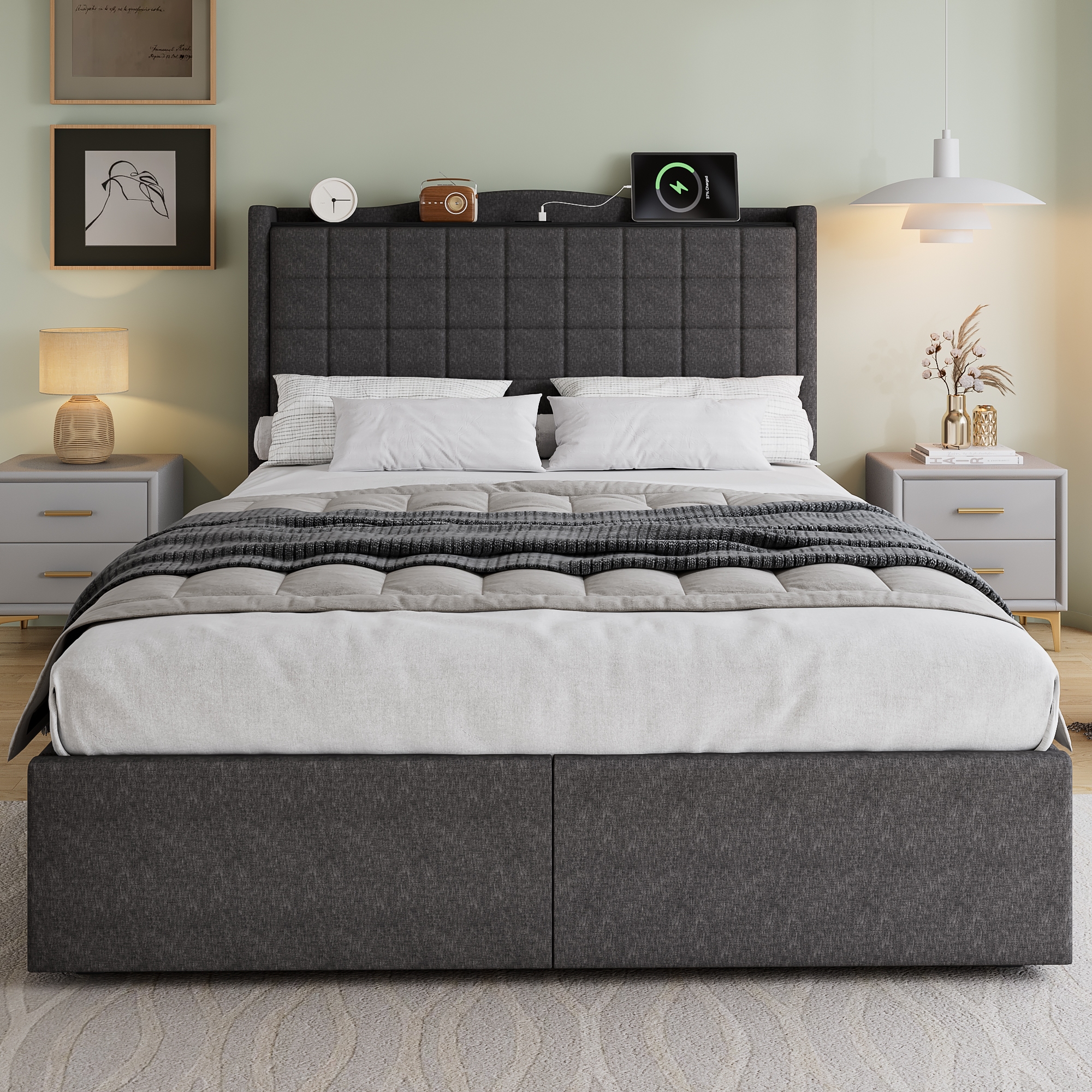 Upholstered Bed, 4ft6 Double 135x190cm, Storage Soft Backrest, 4 Drawers — image 2
