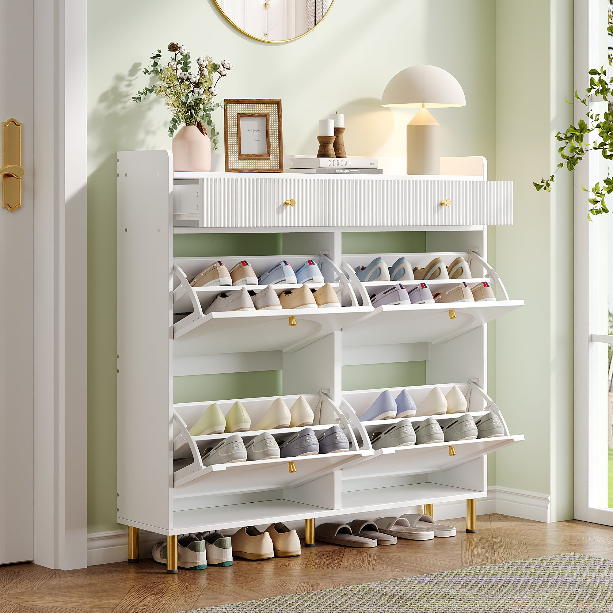 Narrow Shoe Cabinet With 4 Flip Doors And 2 Drawers, Adjustable Shelves, Metal — image 2