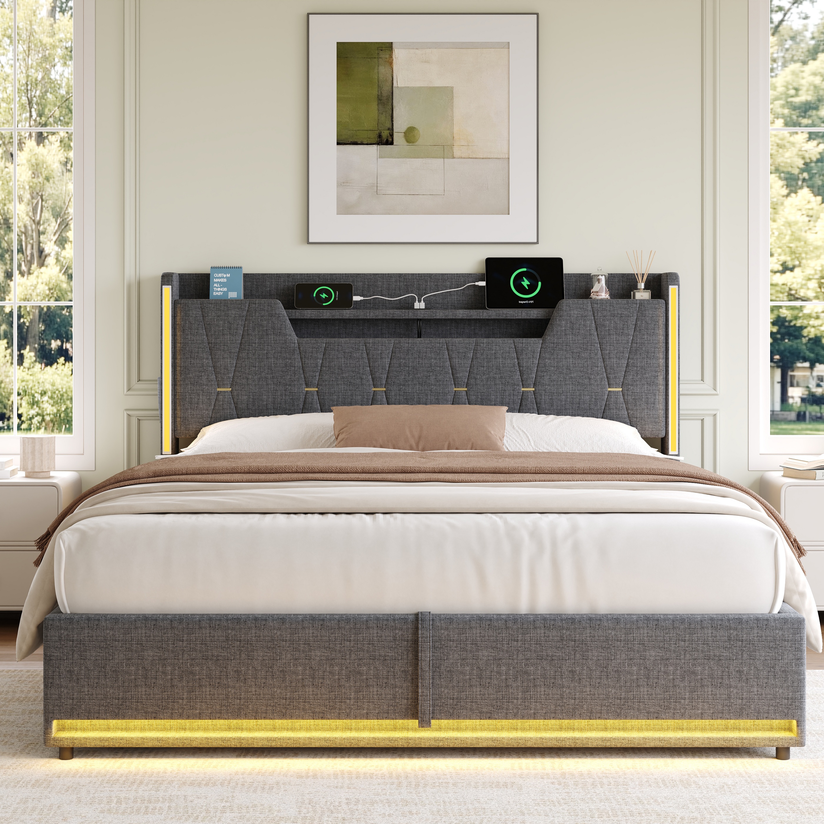 5ft King Upholstered Bed Frame With Hydraulic Storage, LED X-Shape Headboard — image 5