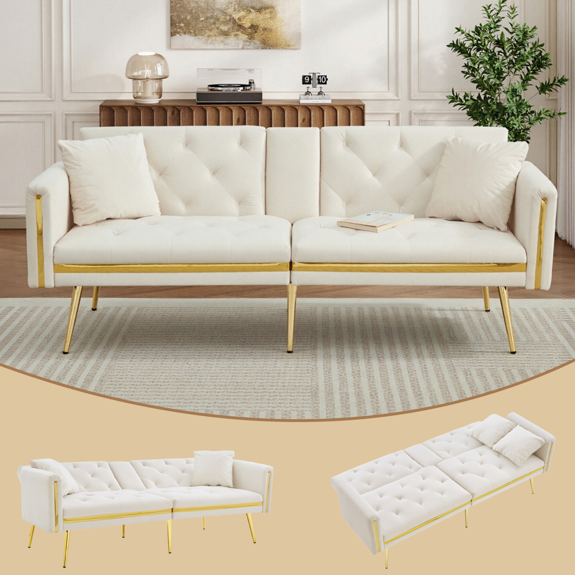 Two-seater Sofa Bed With Adjustable Backrest, Gold Accents And Built-in Cup Holders - Convertible Into A Comfortable And Space-saving Two-seater Sofa For Both The Living Room And Bedroom