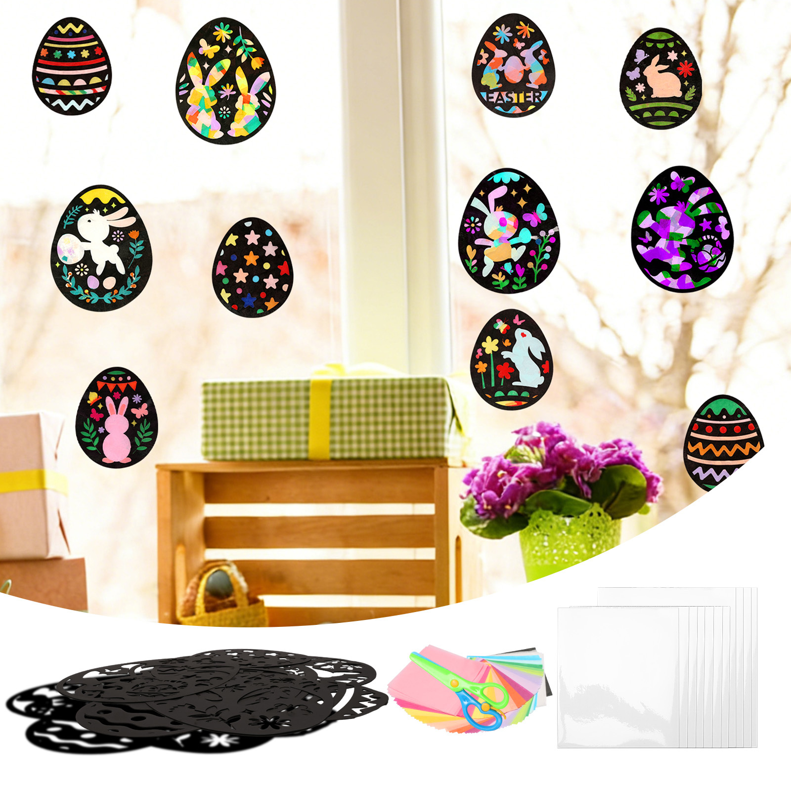 Easter Paper Craft Set – 14 Colors Of Tissue Paper And 12 Easter Egg Cards For Spring Decorations