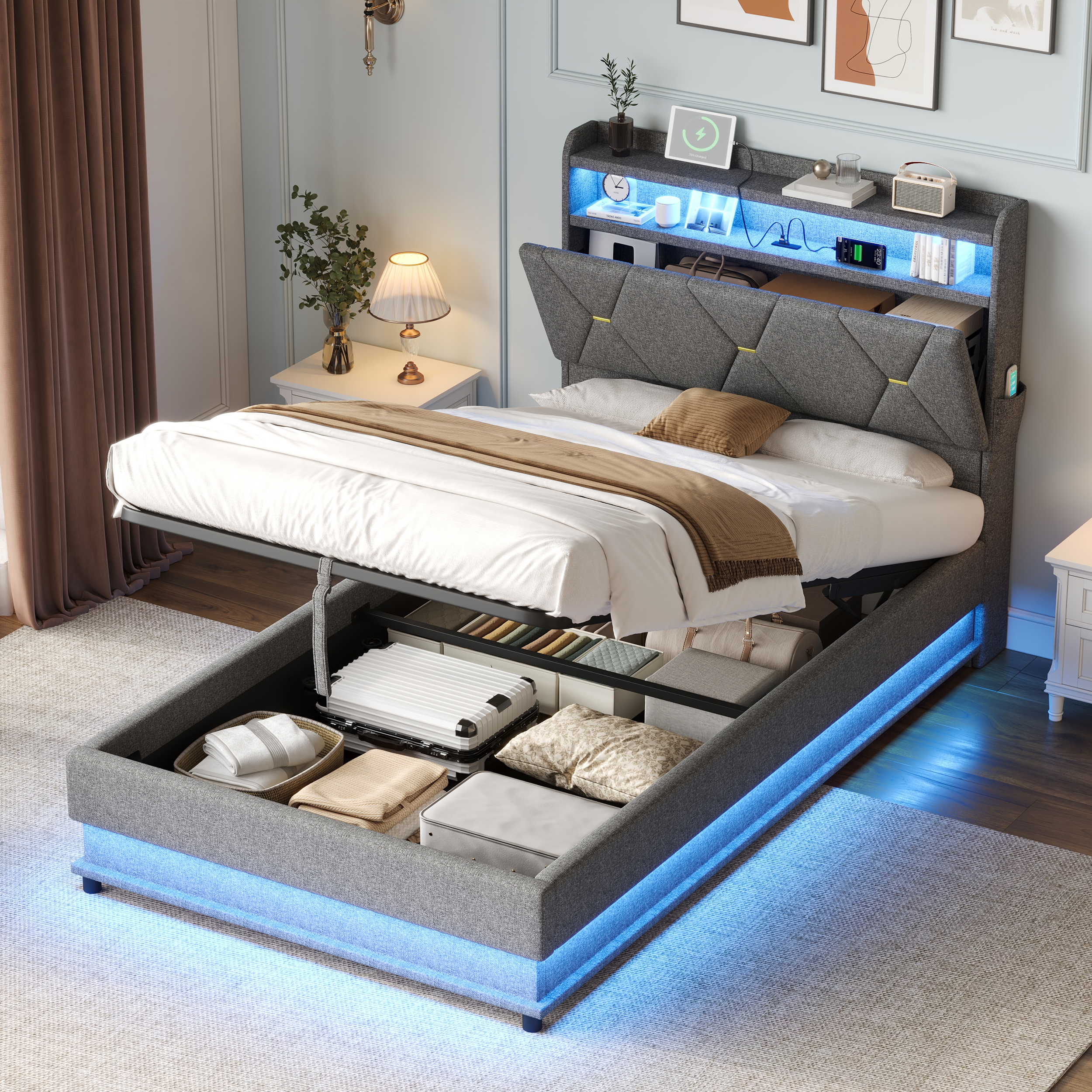 3ft Single Upholstered Bed Frame With Hydraulic Storage, LED Headboard Charging — image 3