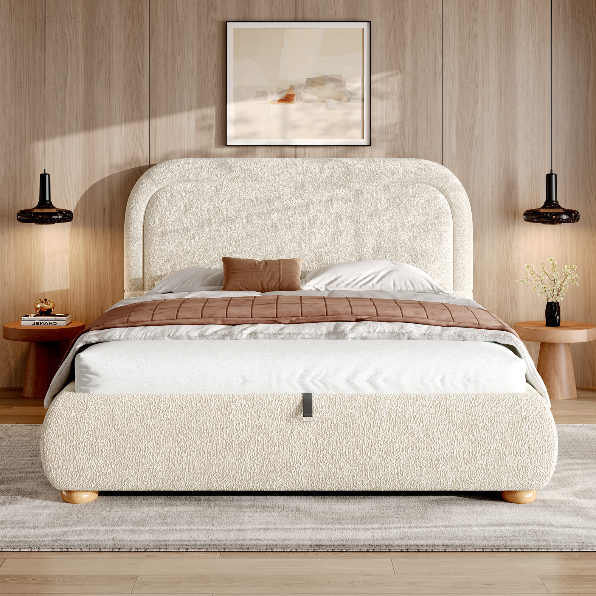 4FT6 Double Ottoman Storage Bed Frame 135 X 190 Cm Luxury Boucled Upholstered Lift-Up Bed With Hydraulic Storage, Deep Curved Headboard & Reinforced Slatted Base, Beige, Boucled product image