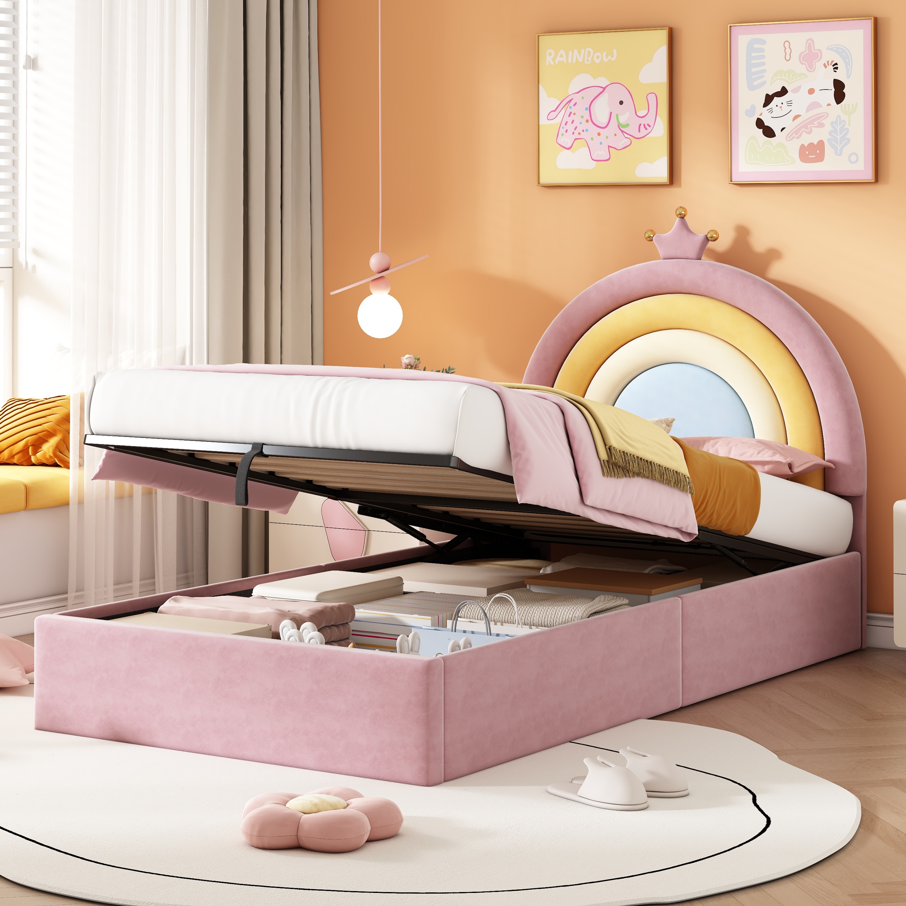 3ft Single Upholstered Hydraulic Bed With Adjustable Rainbow Headboard, Soft — image 2
