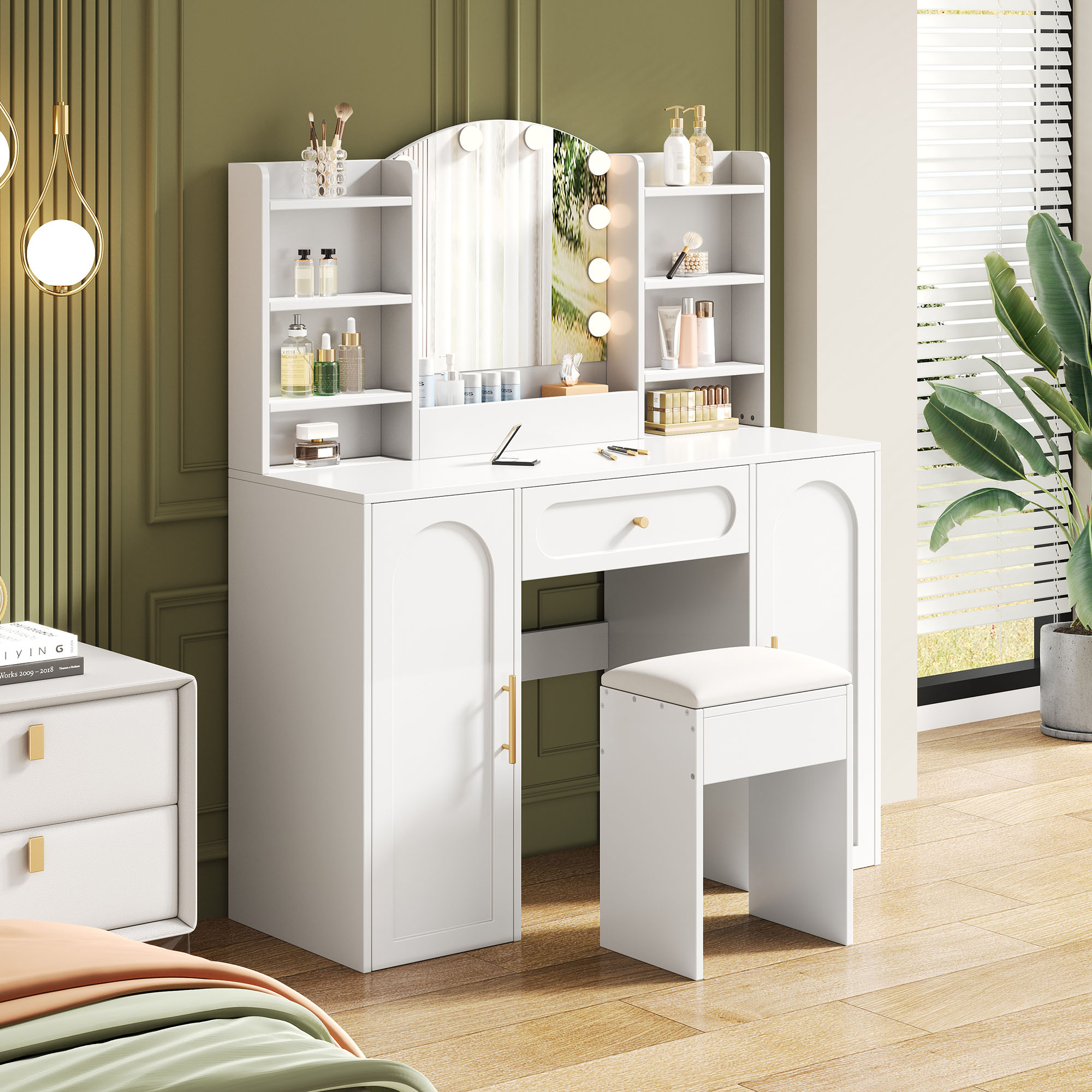 Vanity Table With Adjustable LED Lighting, Mirror And Stool, Featuring 1 Drawer — image 4