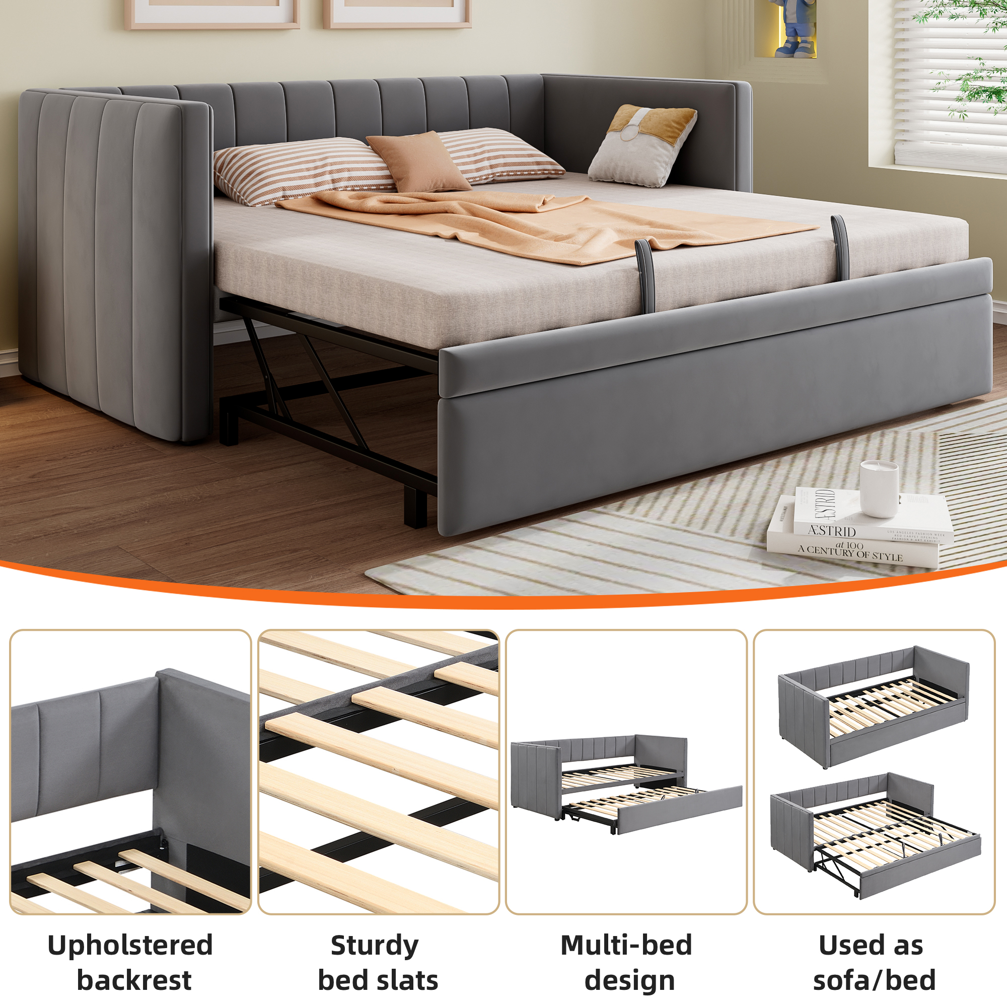 Upholstered Bed, Daybed With Pull Out Trundle, 3FT Single 90x190cm, Sofa Modern — image 3