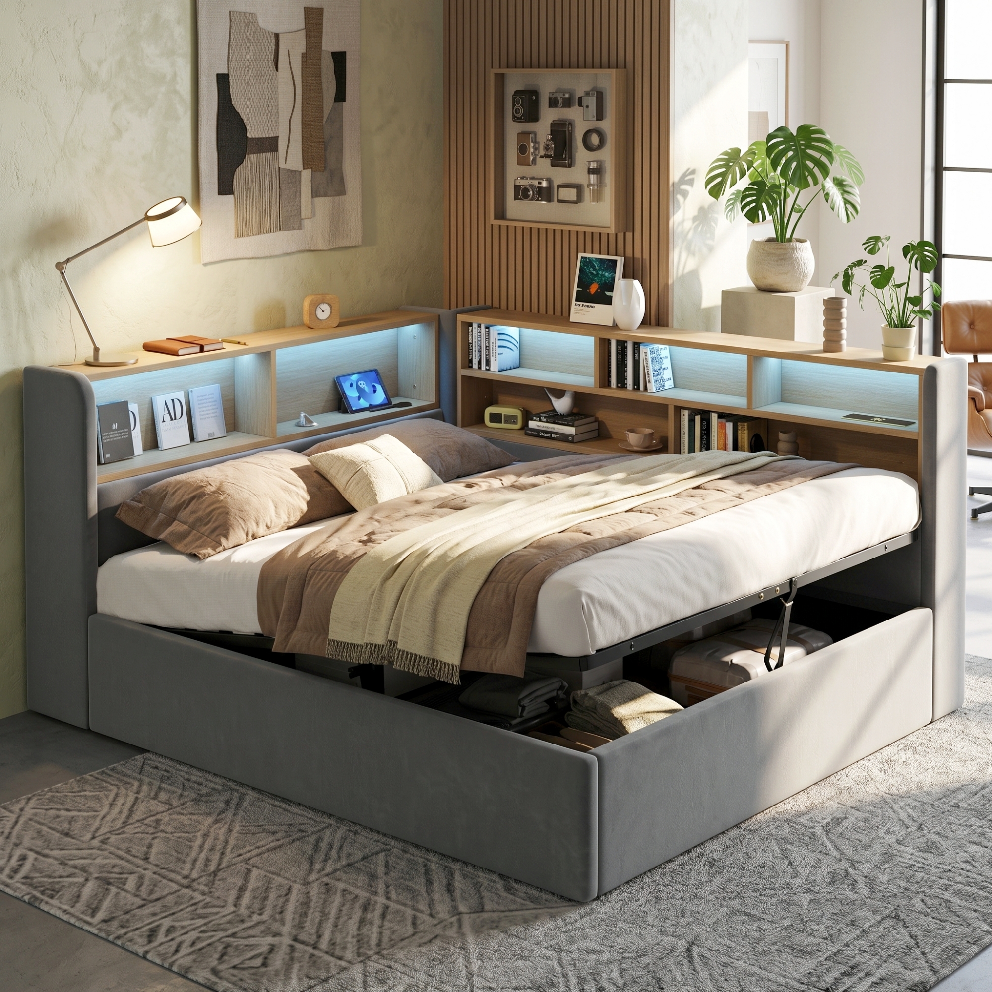 Daybed, L-shaped Upholstered Hydraulic Lift-Up Storage Bed, Sofa With LED, USB — image 5