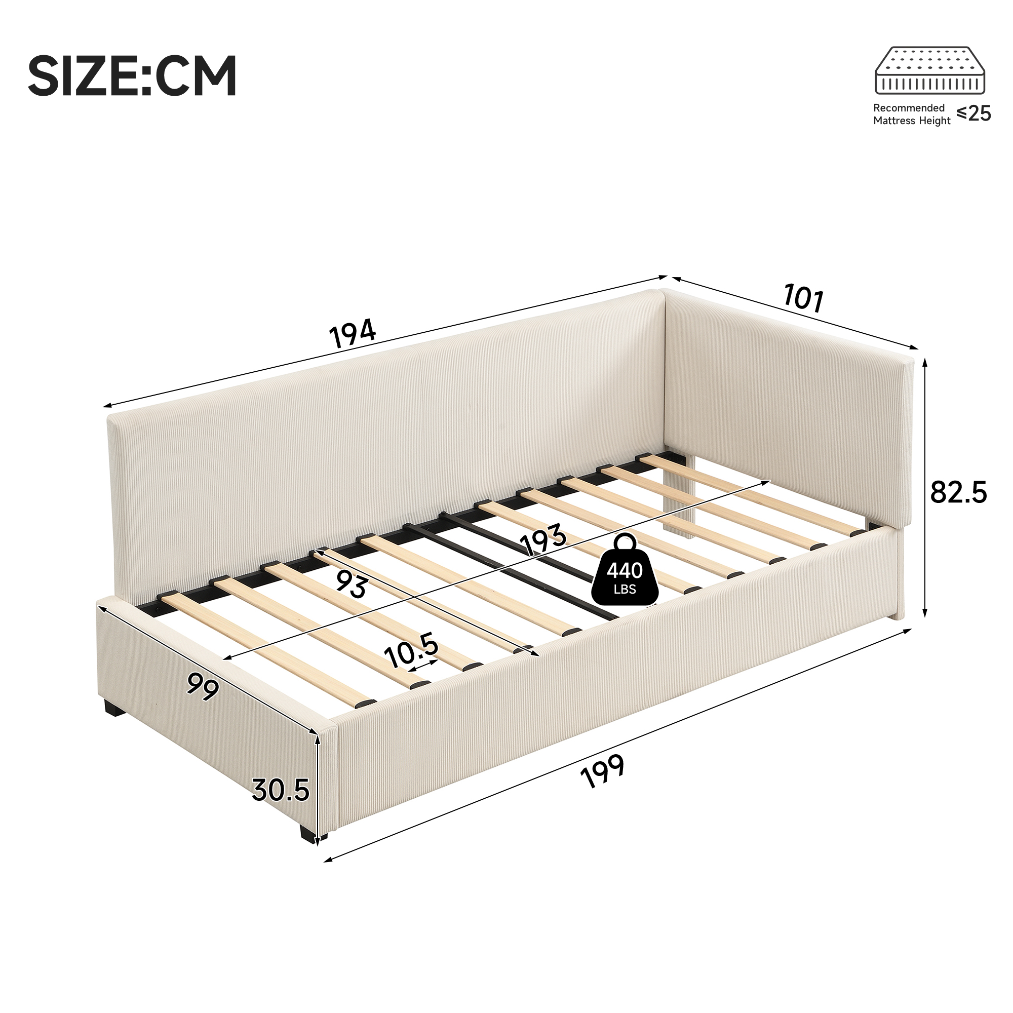 Upholstered Bed, 3ft Single 90x190cm, Modern Corduroy Youth With Wooden Slats — image 3