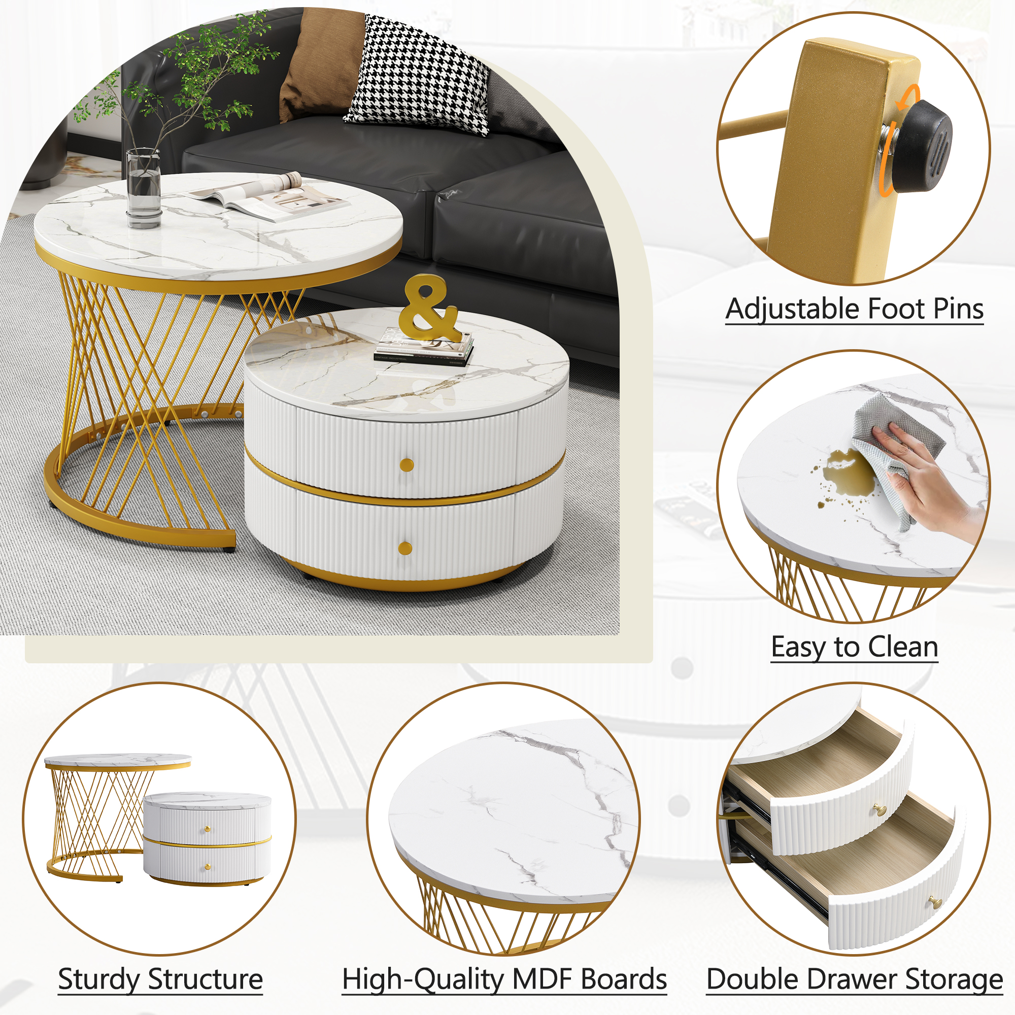 High Gloss Round Nesting Coffee Table With Marble Top, End White & Black Set — image 4