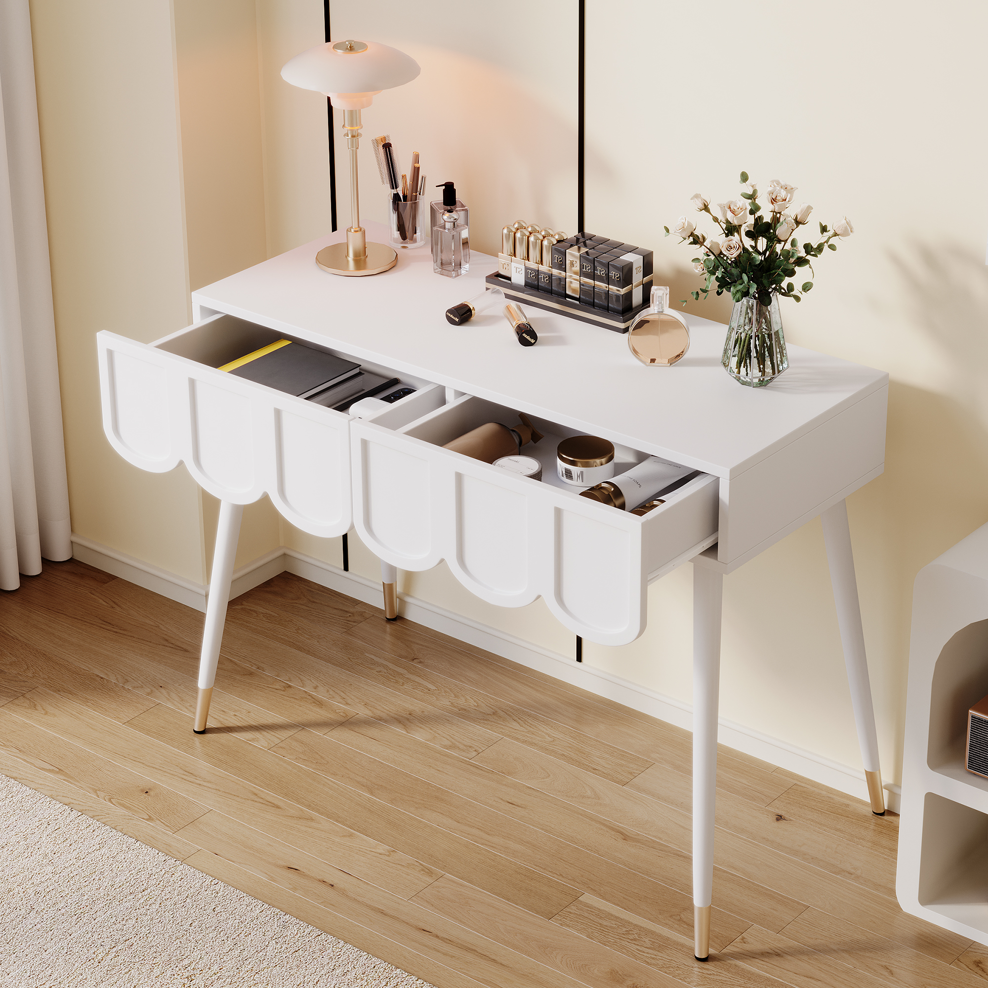 Vanity Table Dressing Table With 2 Drawers, Metal Legs, White, Dimensions W100 X D40 X H76 Cm