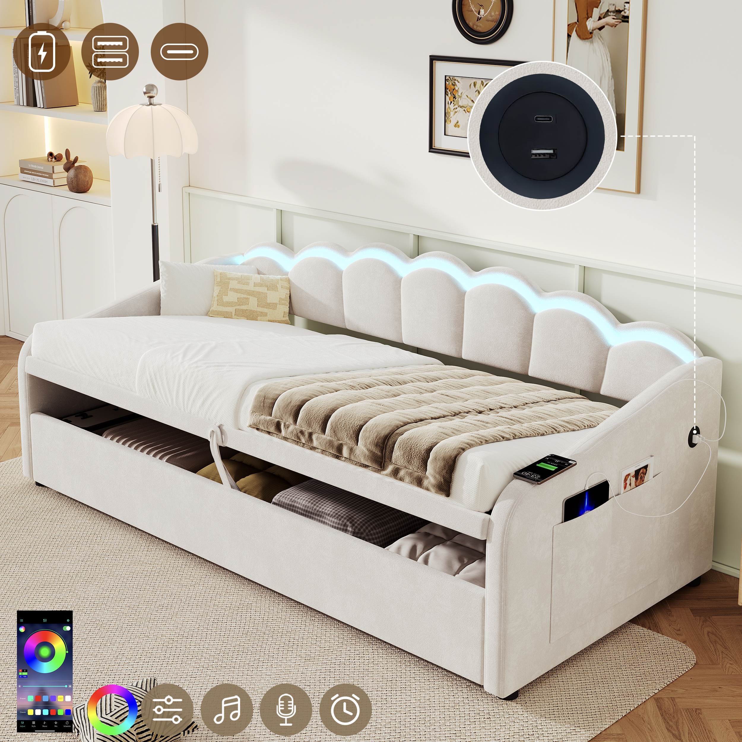 Upholstered Bed 90x190cm, Daybed, RGB LED Sofa Bed With Charging Station, 3ft Petal Shape Single Bed With Hydraulic Storage For Living Room Bedroom Study Room, Velvet, Beige No Mattress product image