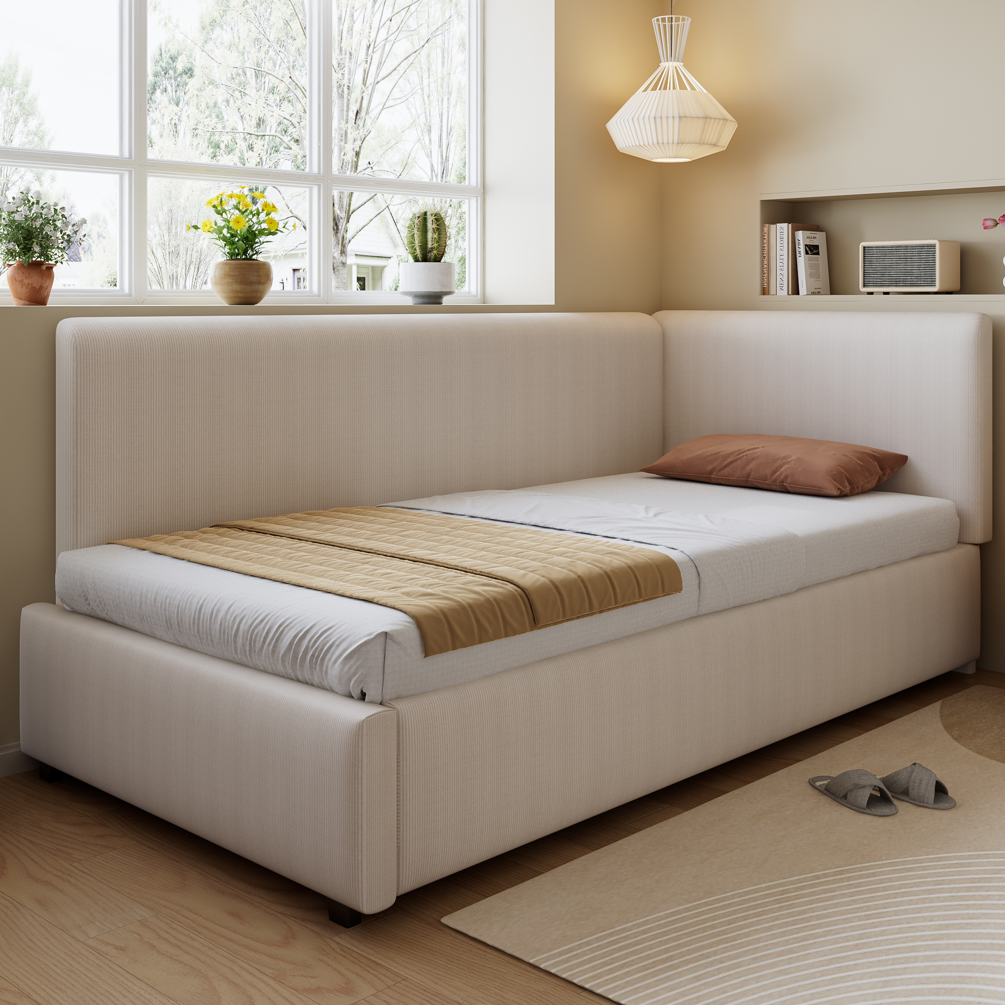 Upholstered Bed, 3ft Single Bed 90x190cm, Modern Corduroy Youth Bed, With Wooden Slats, With Side Rails On The Bed, With Two Comfortable Headboards, Easy Assembly, Corduroy, Beige No Mattress product image