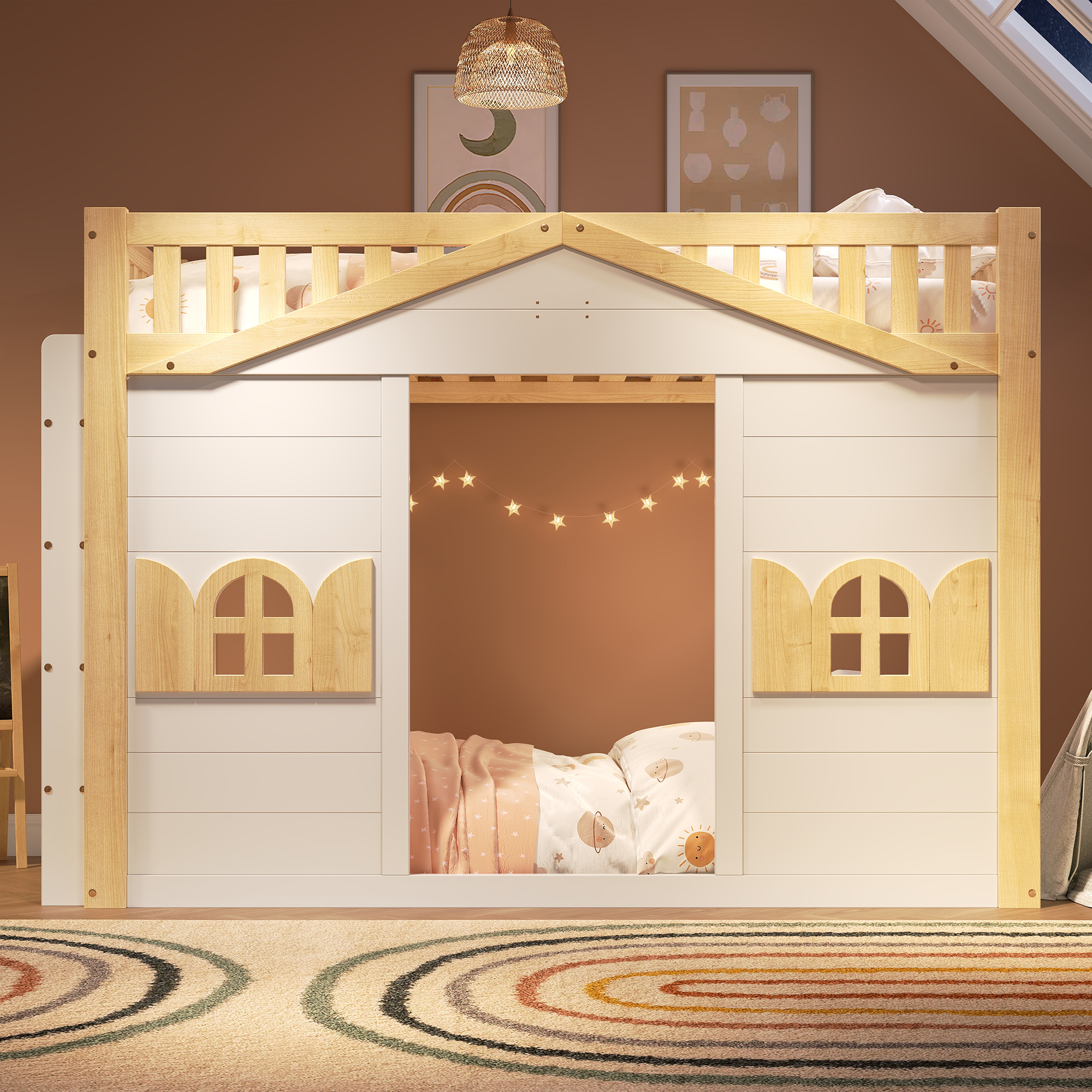Bunk Bed, Loft Children's Wooden House 90x190cm, Window Shape, Underneath Used — image 3