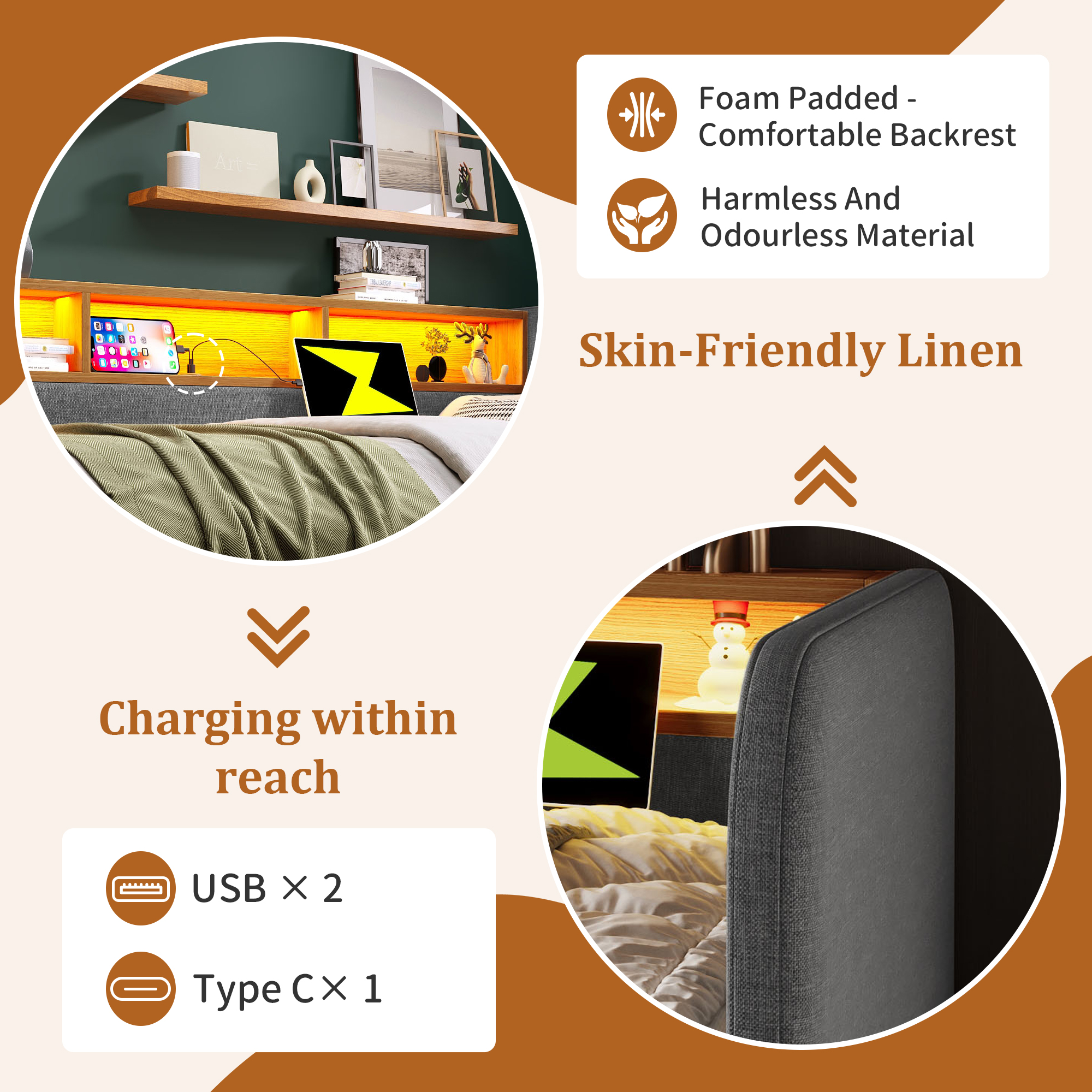 Upholstered Daybed With Headboard Storage, 90 X 190 Cm Single Sofa Bed LED — image 4
