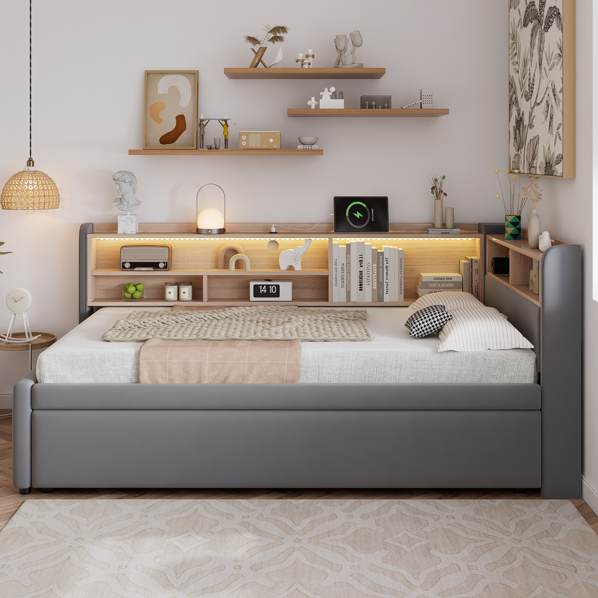 Upholstered Bed, Daybed With Pull Out Trundle, 3FT Single Bed 90x190cm, Daybed Sofa Bed, With Charging Port, LED Strip, With Storage Space, Easy Assembly, Velvet, Grey No Mattress product image