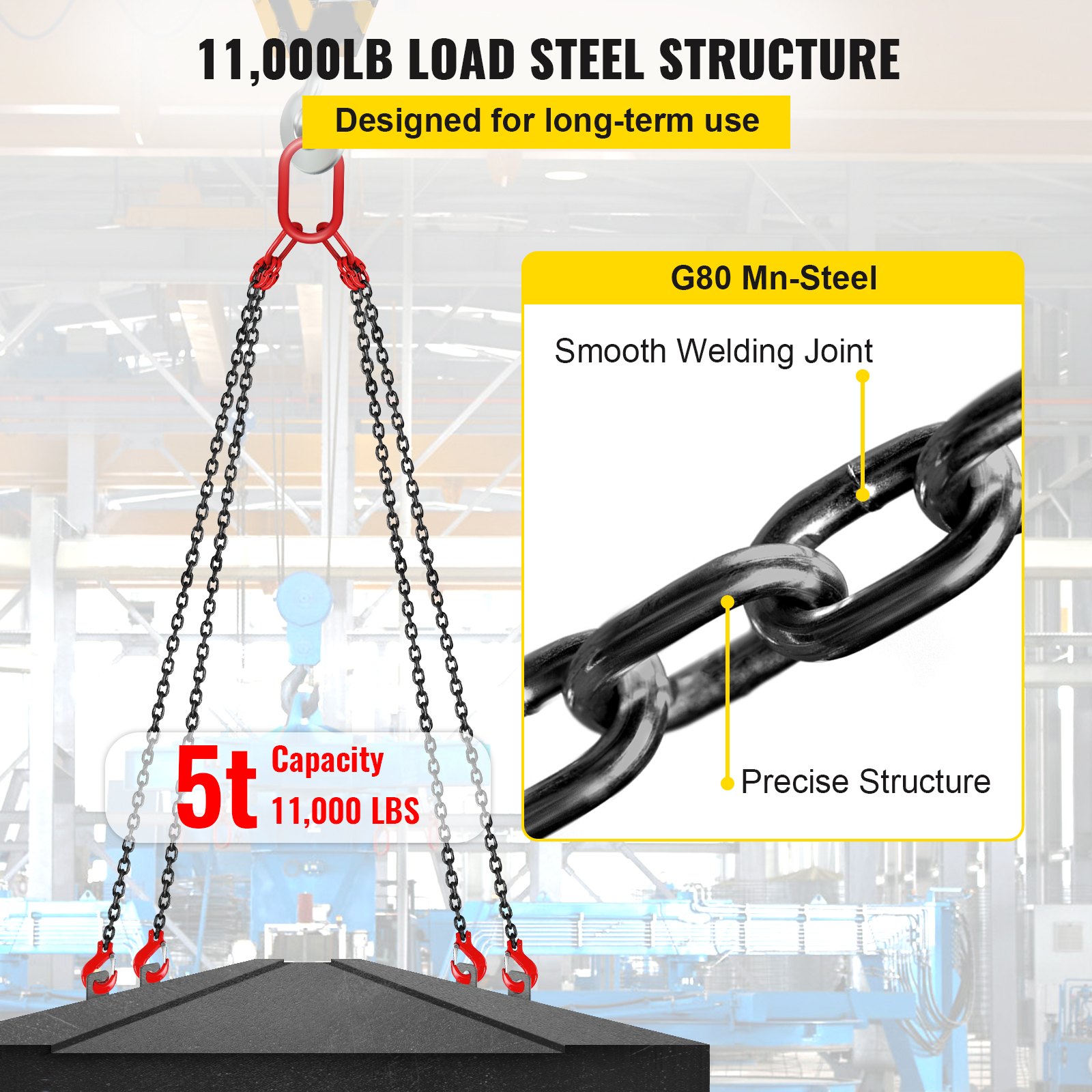304.8 Cm Lifting Chain Sling, 7.9 Mm Hanging Lift 4989.5 Kg Capacity G80 Alloy — image 3