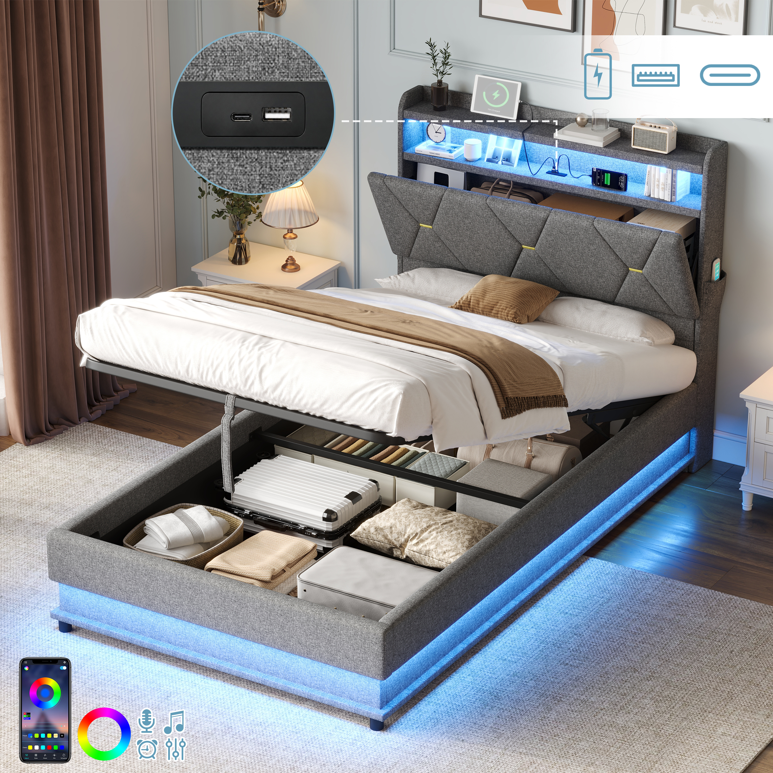 3ft Single Upholstered Bed Frame With Hydraulic Storage, LED Headboard With Charging Station And Concealed Headboard Storage, USB And Type - C Ports, Linen, No Box Spring Needed, Grey No Mattress product image