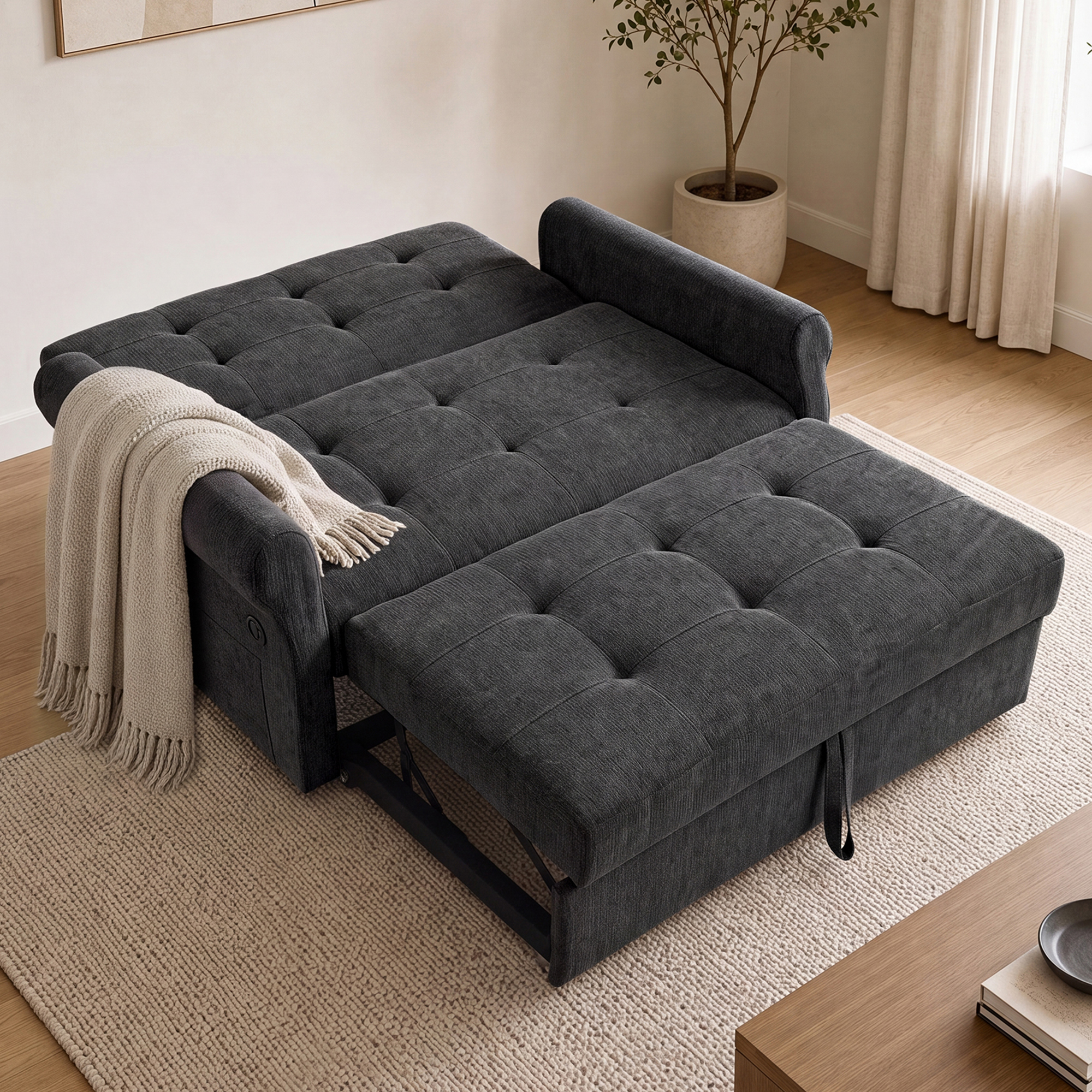 Convertible Pull Out Sofa Bed, 2 Seater Sleeper Loveseat With Side Storage Pocket, Multi-Functional Fold Out Guest Couch With Rolling Casters, Space Saving Sofa Sleeper For Small Apartment.