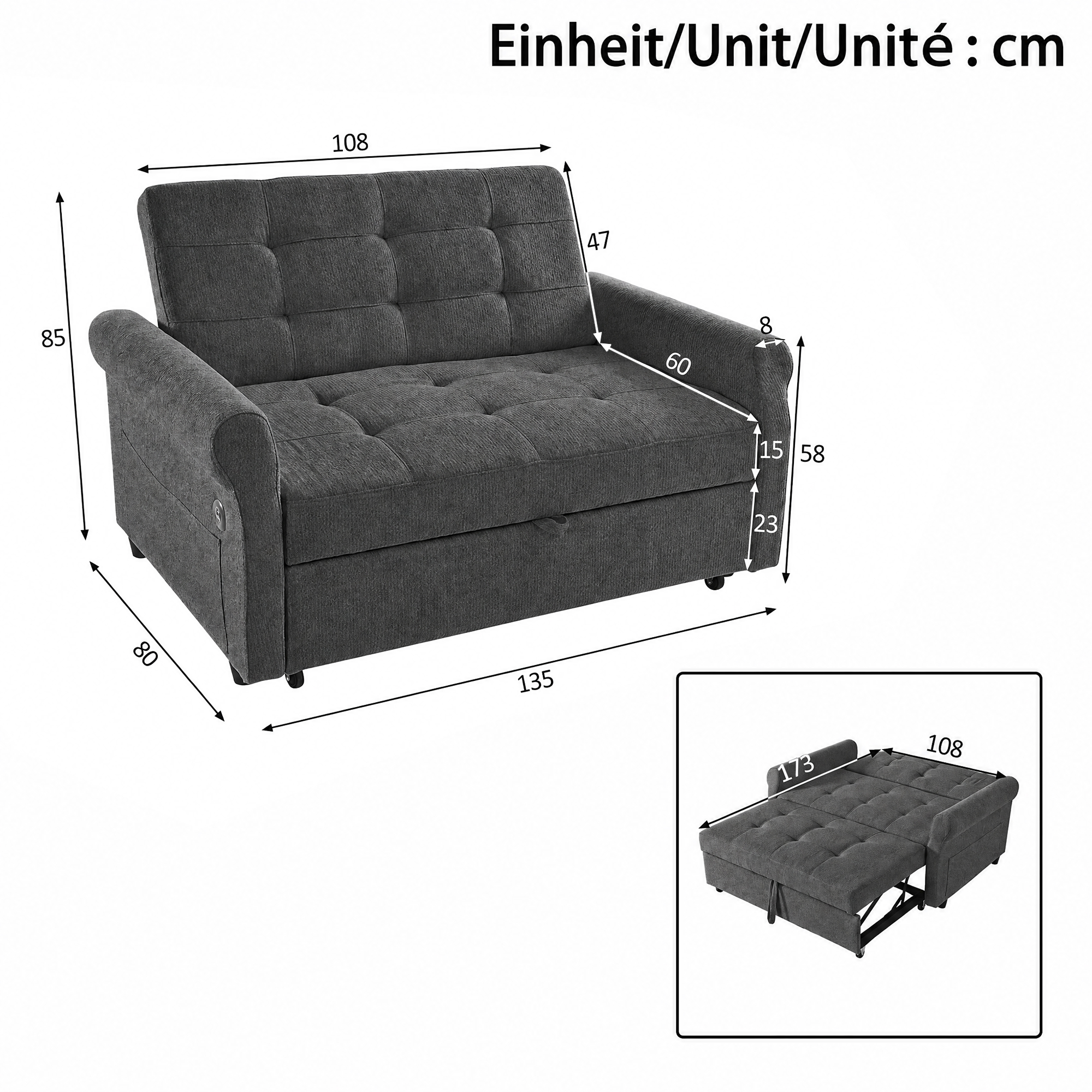 Convertible Pull Out Sofa Bed, 2 Seater Sleeper Loveseat With Side Storage — image 4