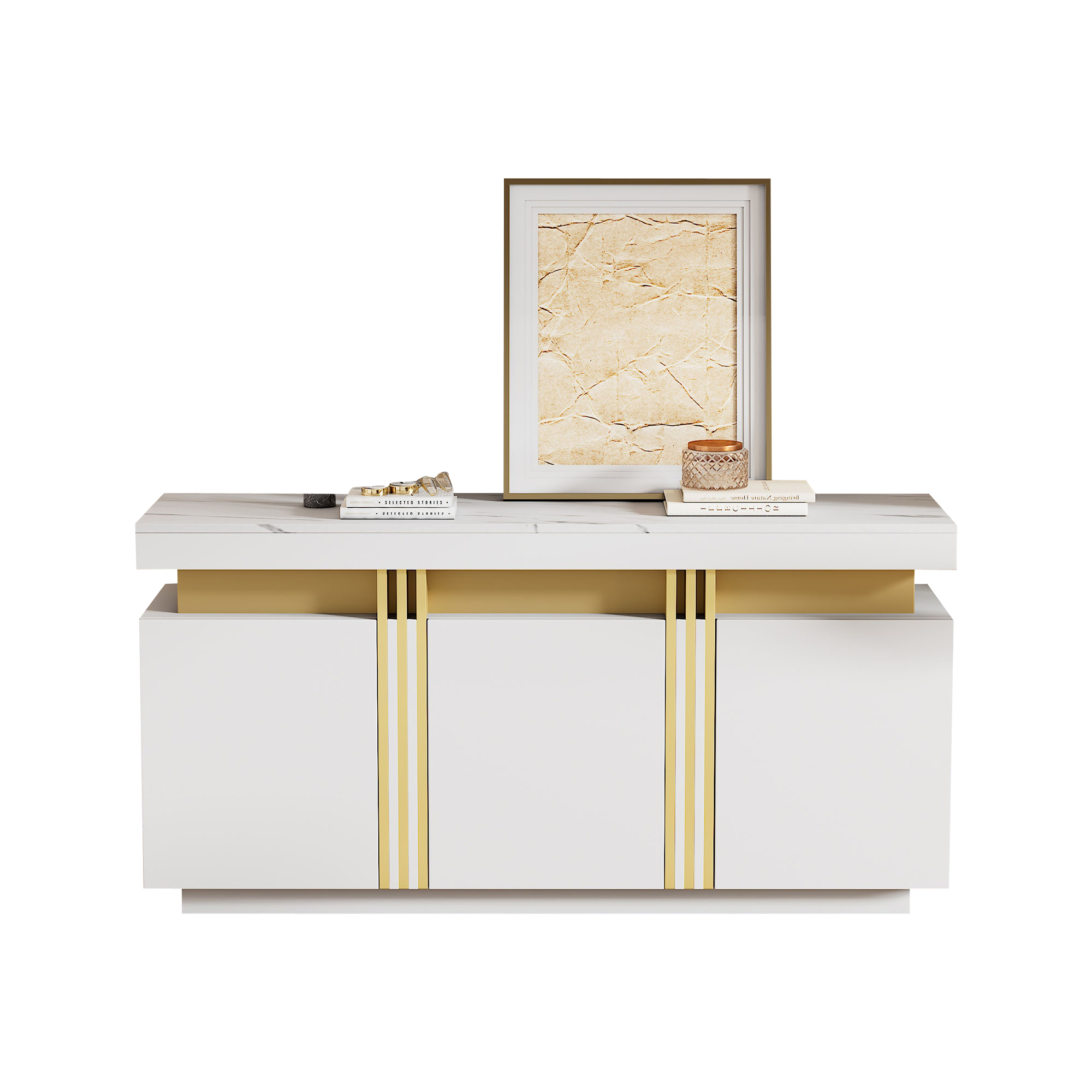 Modern White & Gold Buffet Cabinet, 55'' Sideboard With Faux Marble Top — image 4