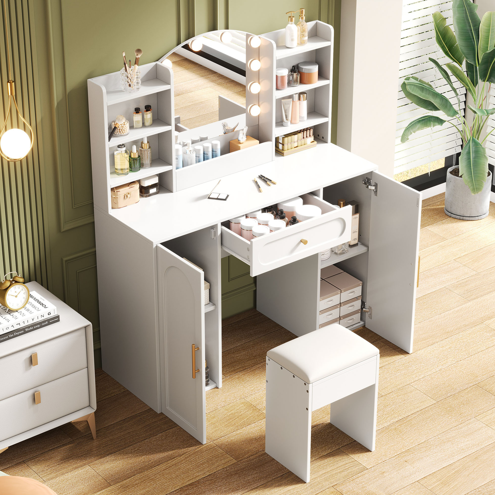 Vanity Table With Adjustable LED Lighting, Mirror And Stool, Featuring 1 Drawer — image 3