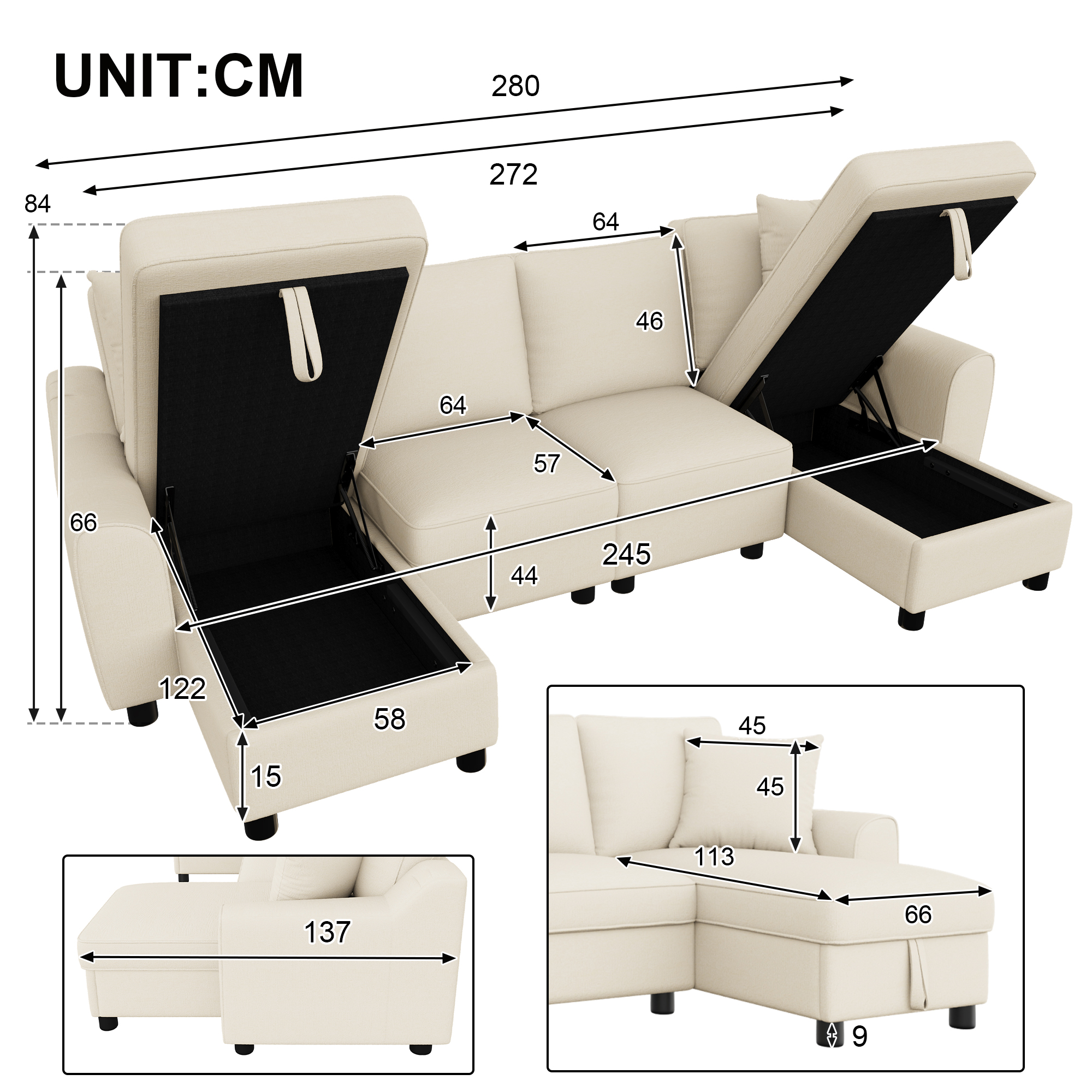 Modern Chenille U-Shaped Sectional Sofa With 2 Storage Chaise Lounges, 2 Square — image 3
