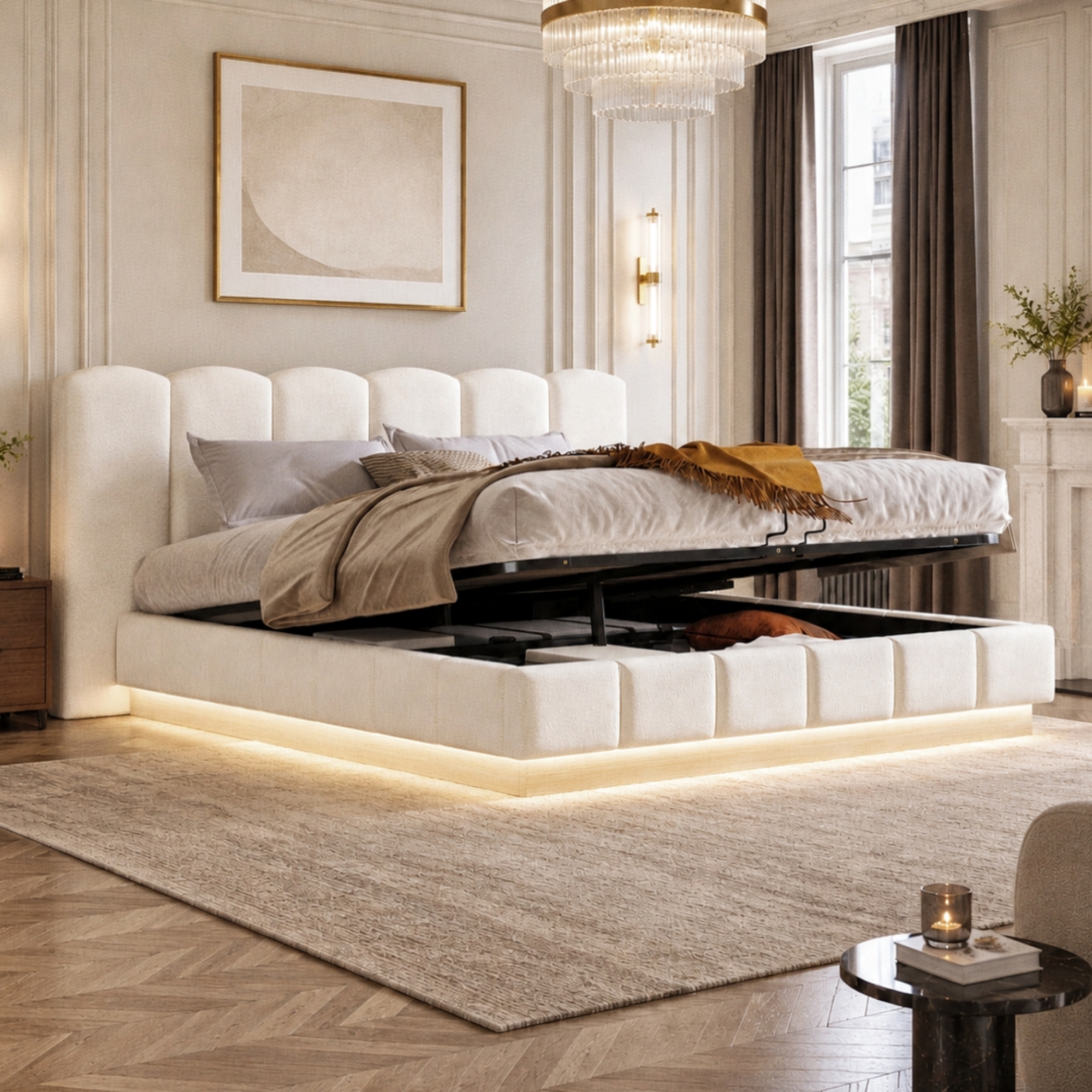 6FT Super King Size Ottoman Storage Bed 180 X 200 Cm Hydraulic Lift-Up Bed With Extra Wide & Thick Padded Scalloped Headboard, Segmented Footboard & Wood-Look Base, Cream White, Boucled product image