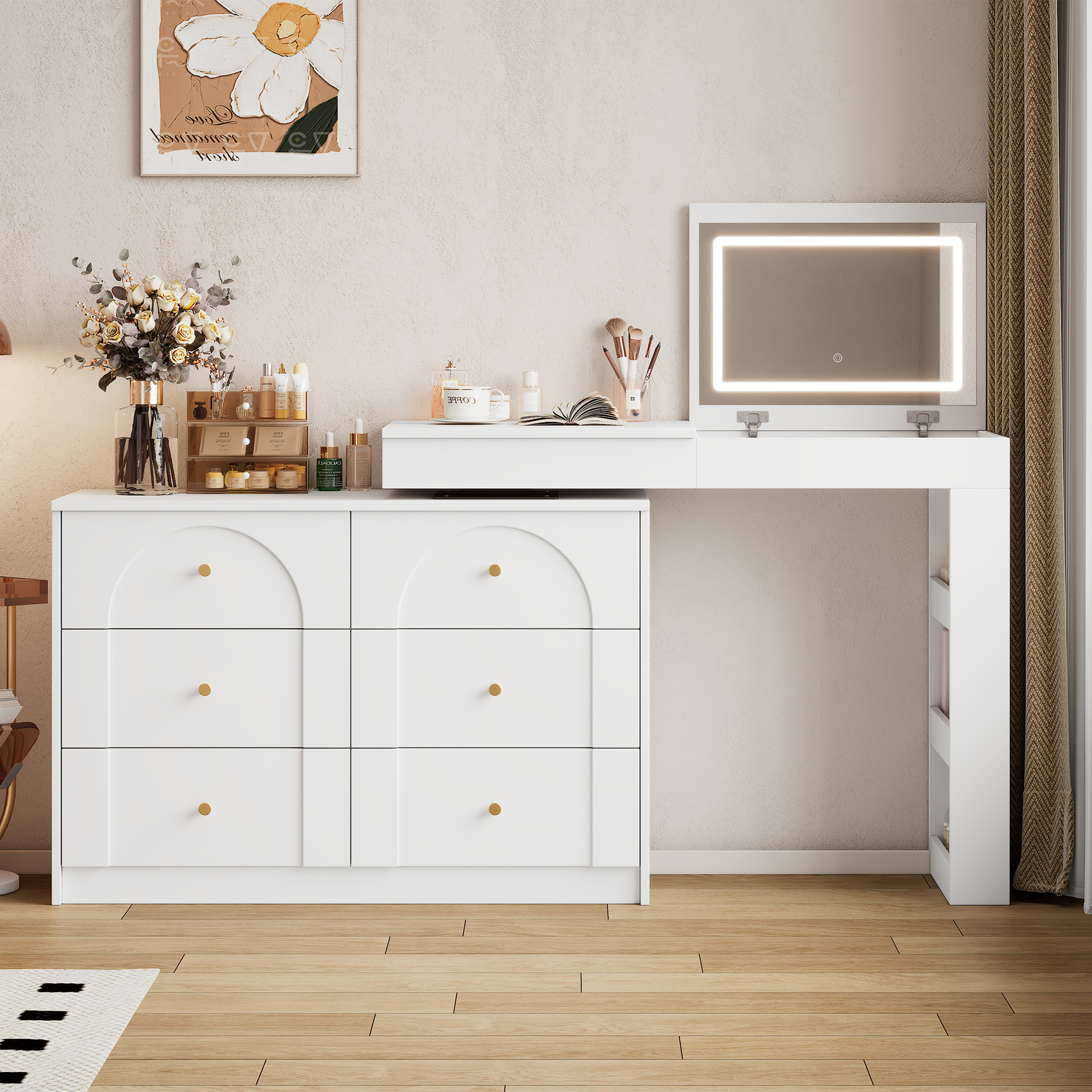 Modern L-Shaped Vanity Desk  Study Table With LED Flip Mirror, 7 Drawers For Storage, Adjustable Length, Multi-Functional Makeup Desk, Suitable For Be