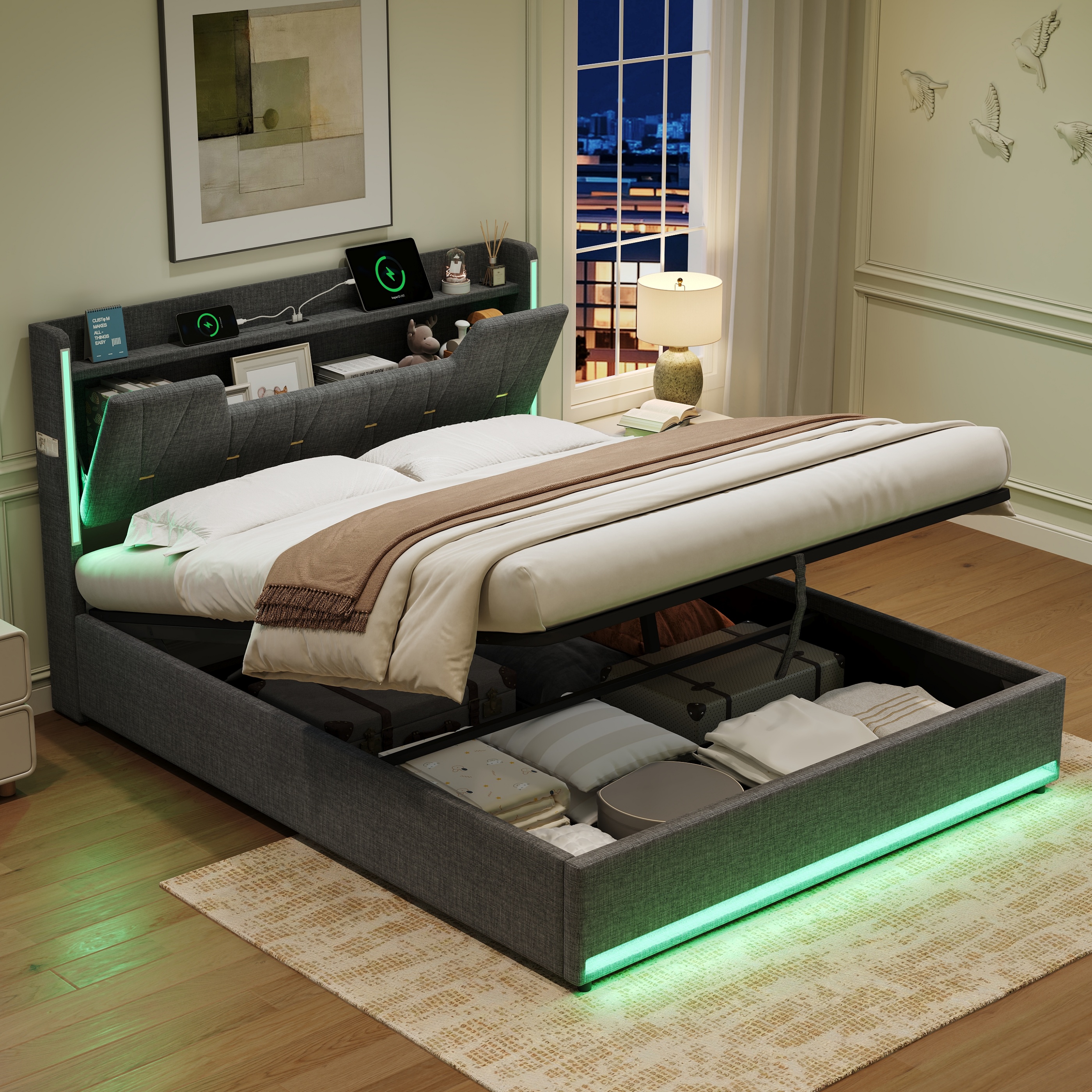 5ft King Upholstered Bed Frame With Hydraulic Storage, LED X-Shape Headboard — image 3