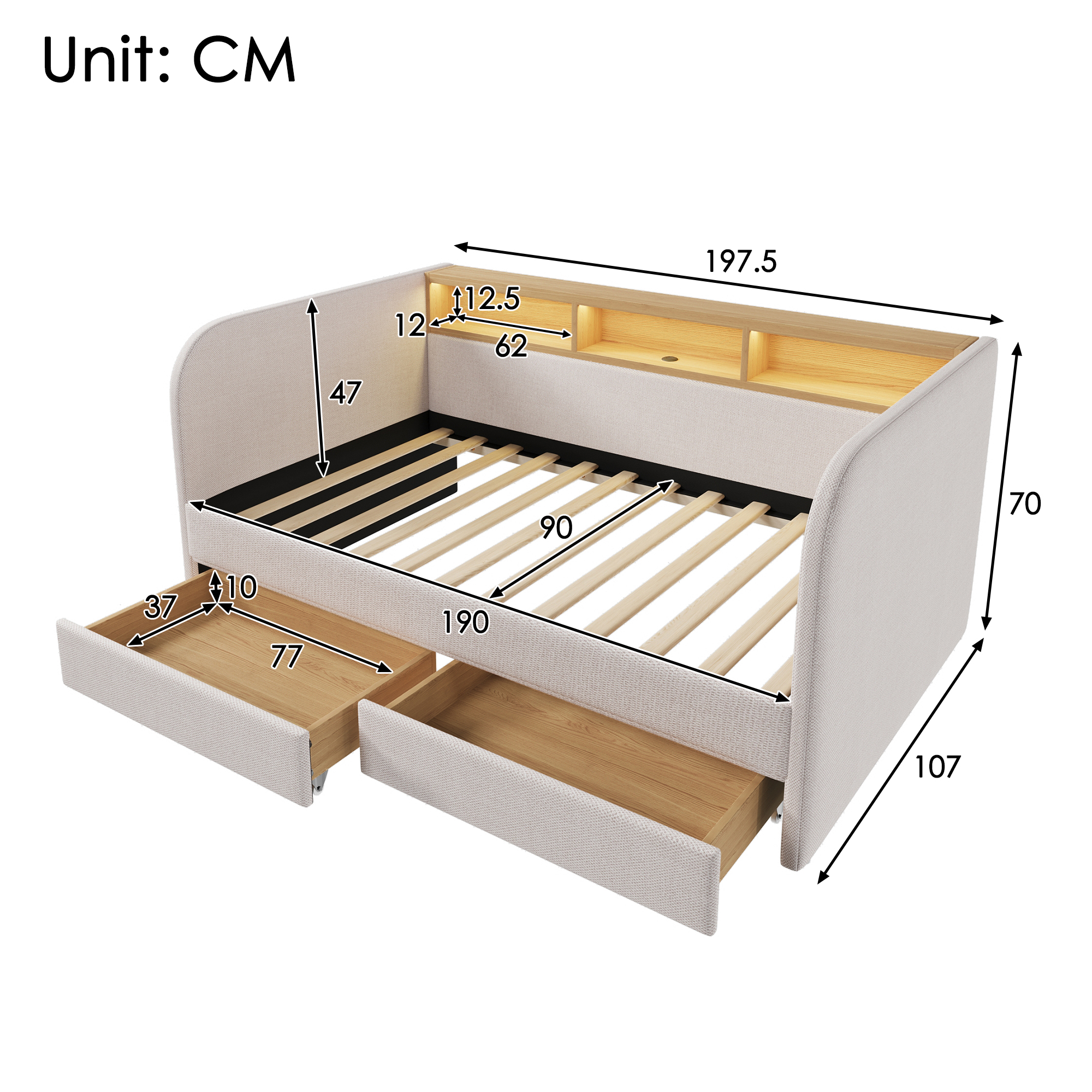 Upholstered Daybed With Headboard Storage, 90 X 190 Cm Single Sofa Bed LED — image 3
