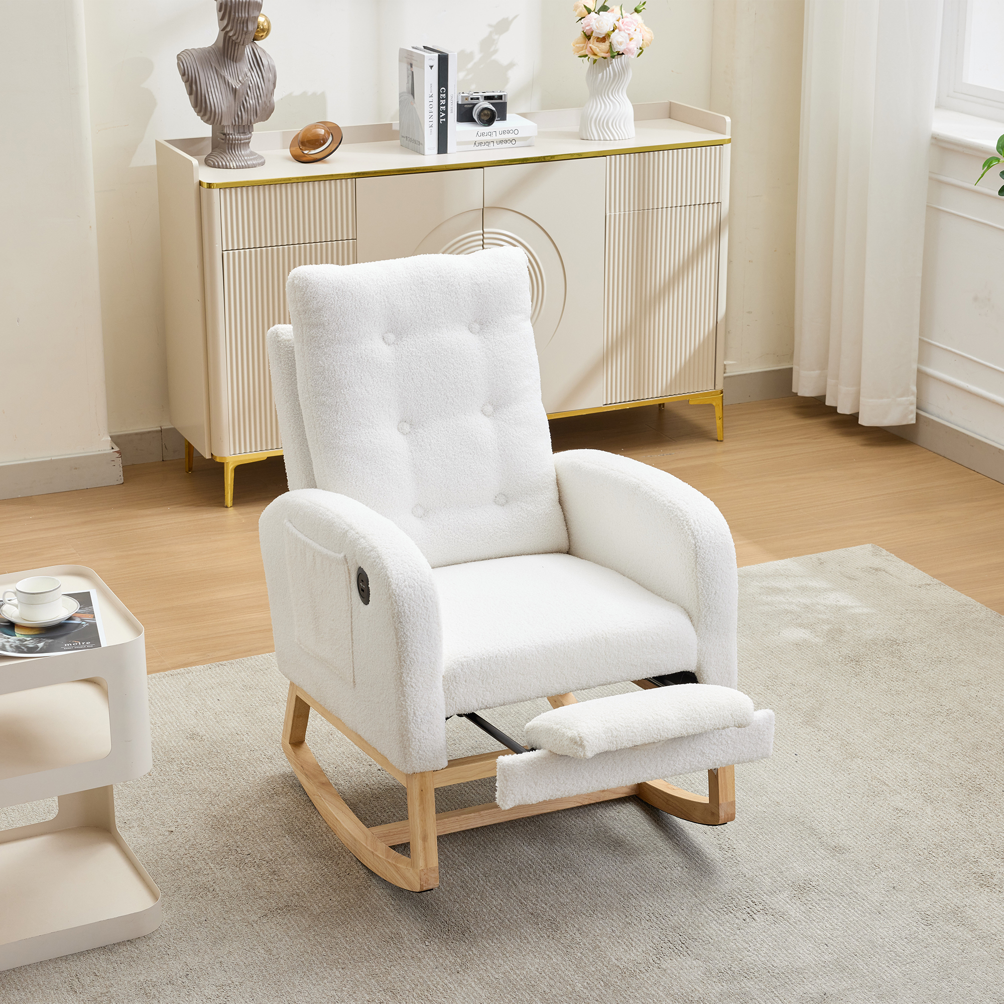66.5x121.5x102cm Rocking Chair With USB Charging Ports, Nursing Rocking Armchair,Teddy Fabric Glider Rocker With Adjustable Footrest,Side Pocket, For Nursery Bedroom Living Room, White product image