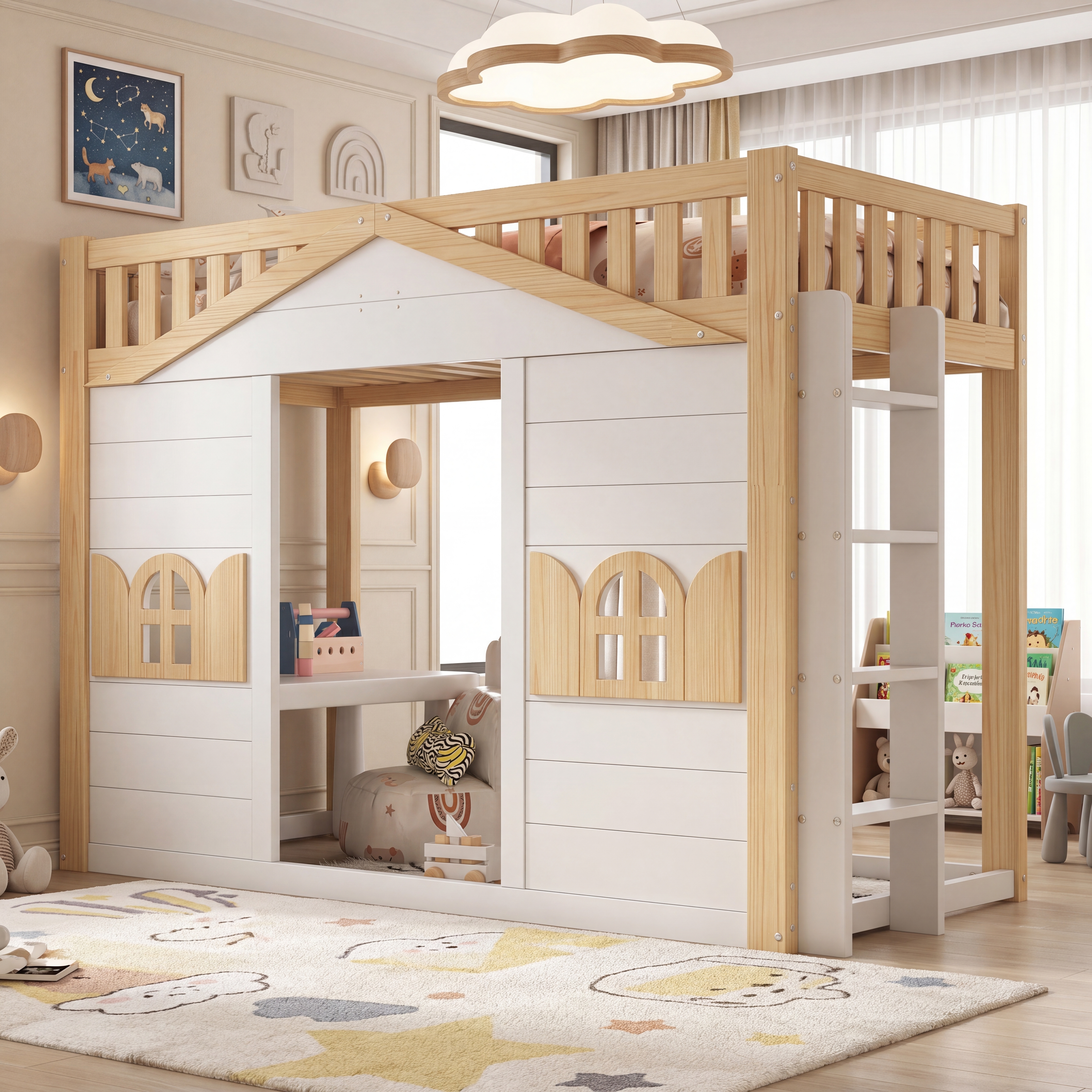Bunk Bed, Loft Children's Wooden House 90x190cm, Window Shape, Underneath Used — image 5