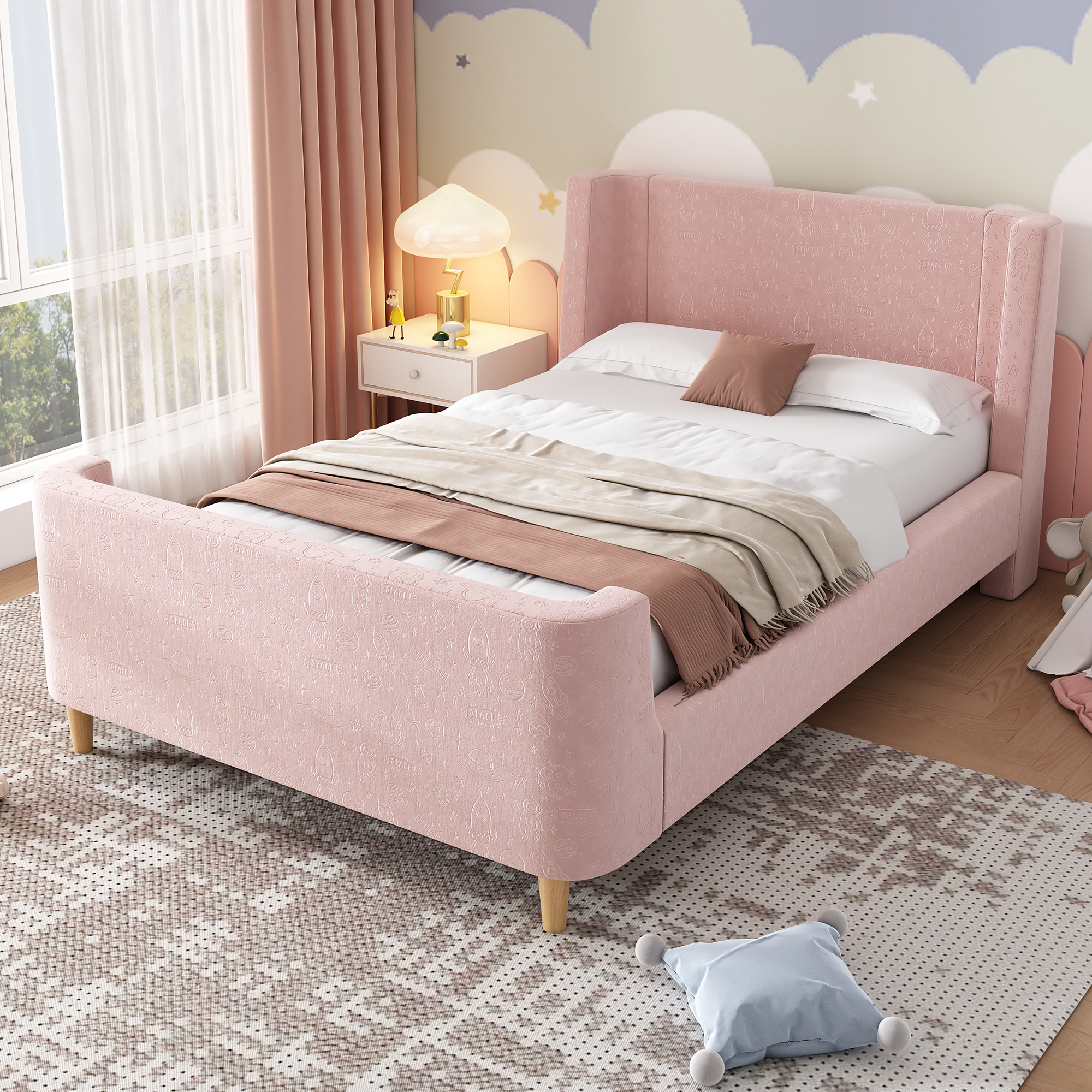 3FT Upholstered Bed, 90 X 190 Cm Single With Cosmic Pattern, Sleigh-style Teen — image 3