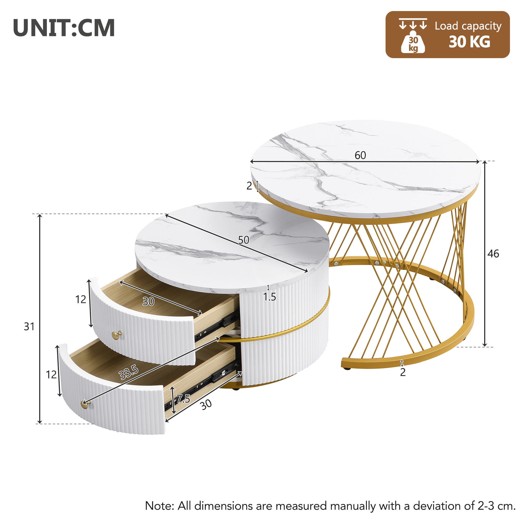 High Gloss Round Nesting Coffee Table With Marble Top, End White & Black Set — image 5