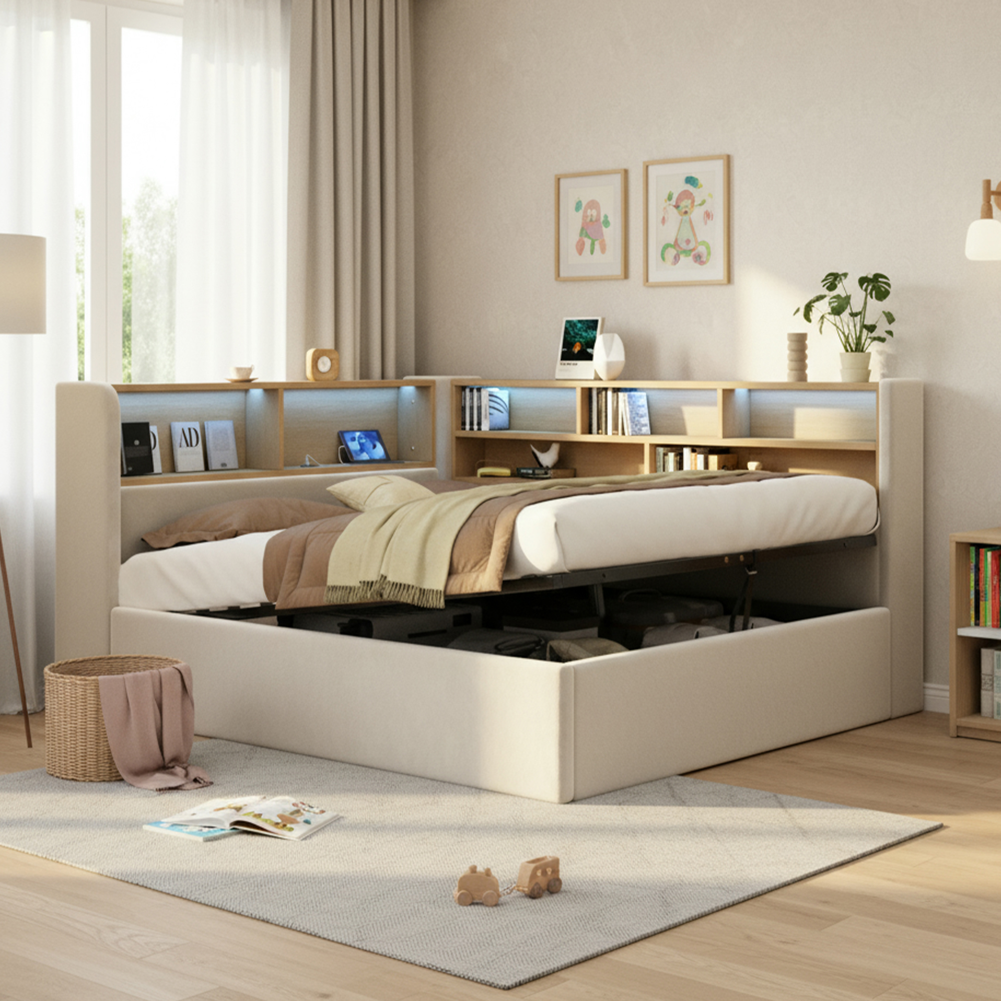 Daybed, L-shaped Upholstered Hydraulic Lift-Up Storage Bed, Sofa With LED, USB — image 4