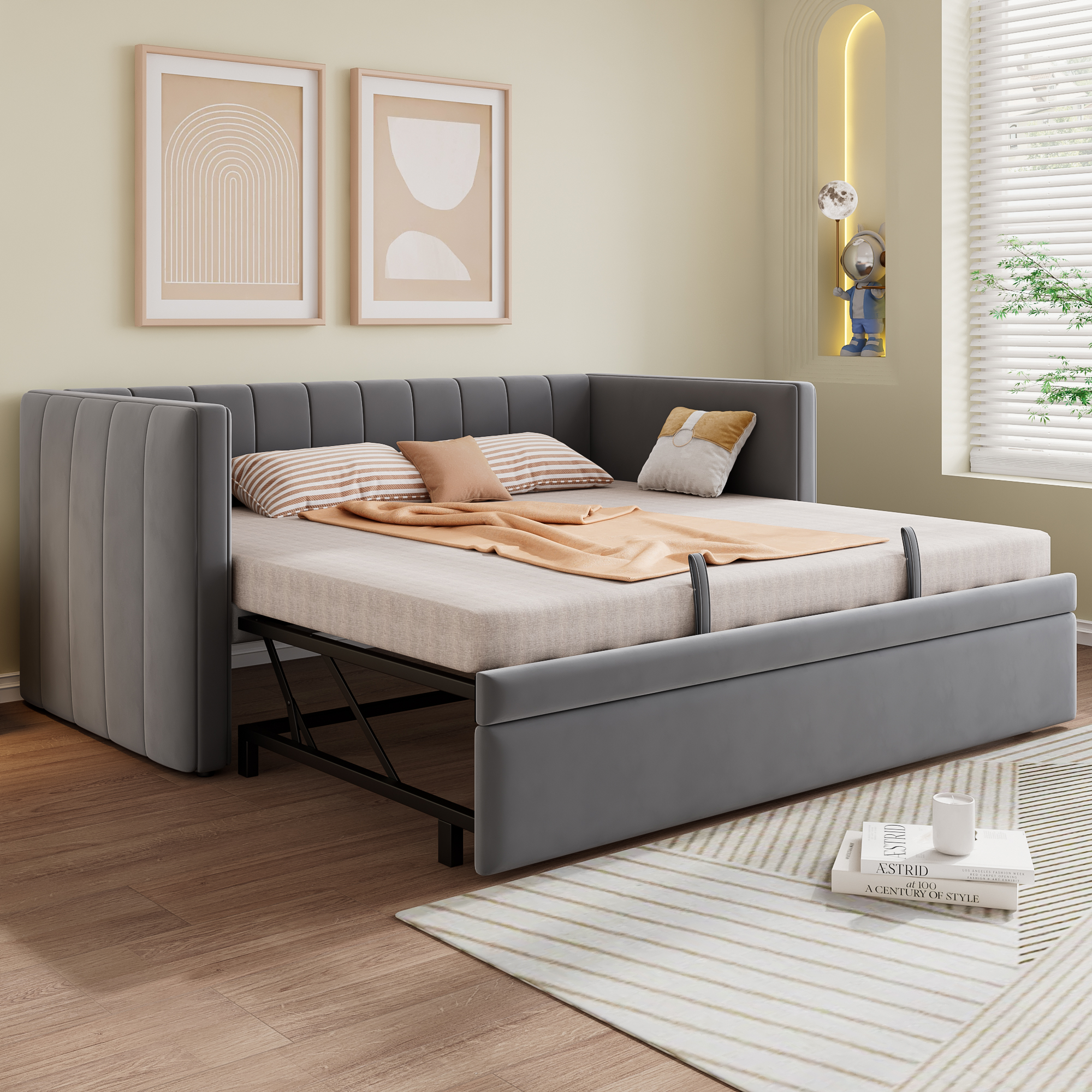 Upholstered Bed, Daybed With Pull Out Trundle, 3FT Single 90x190cm, Sofa Modern — image 4