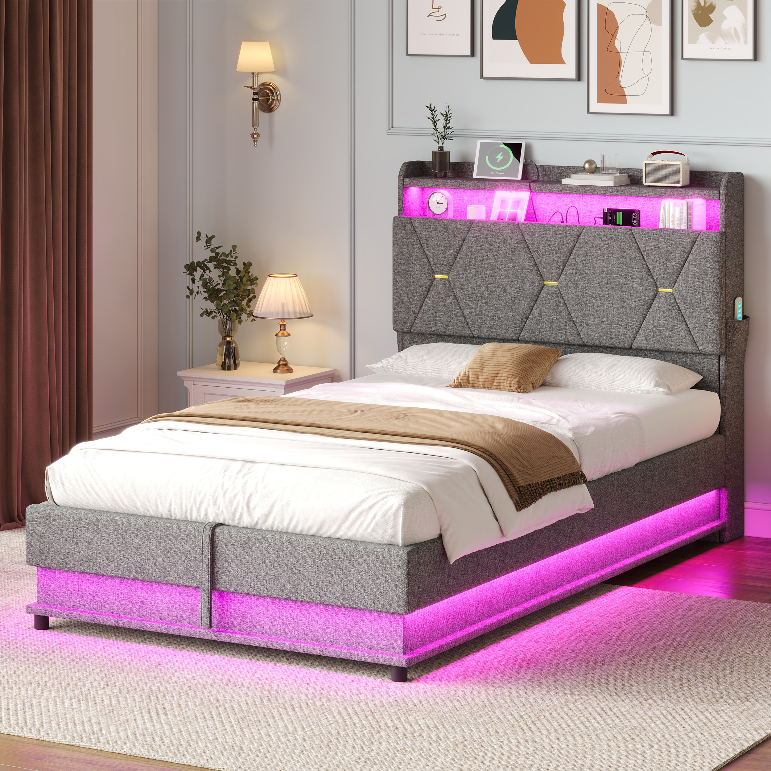 3ft Single Upholstered Bed Frame With Hydraulic Storage, LED Headboard Charging — image 4
