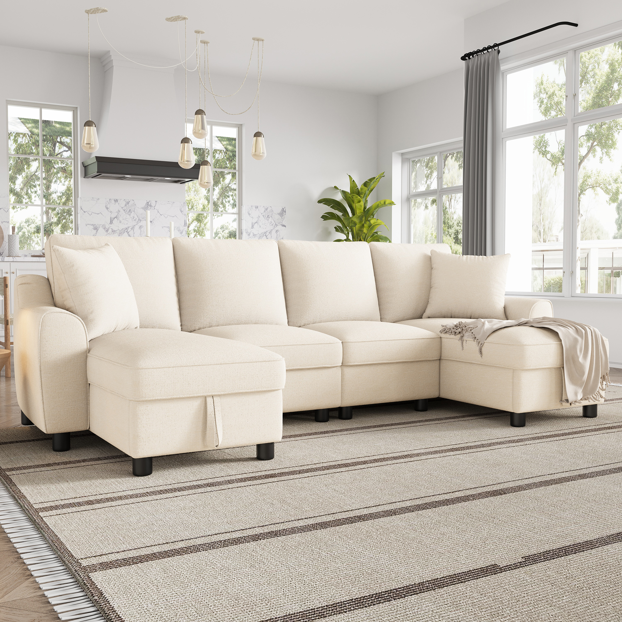 Modern Chenille U-Shaped Sectional Sofa With 2 Storage Chaise Lounges, 2 Square — image 5