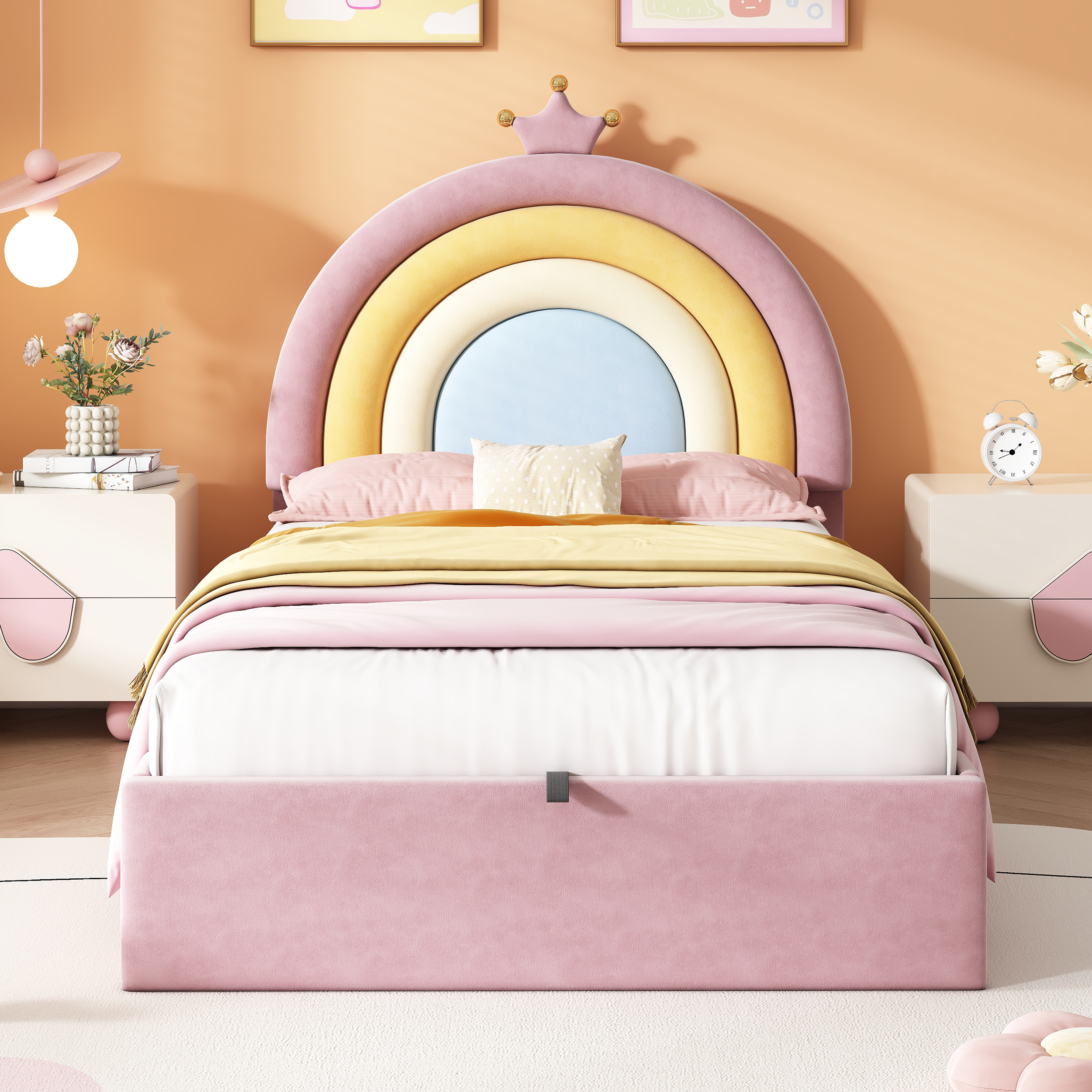 3ft Single Upholstered Hydraulic Bed With Adjustable Rainbow Headboard, Soft — image 3