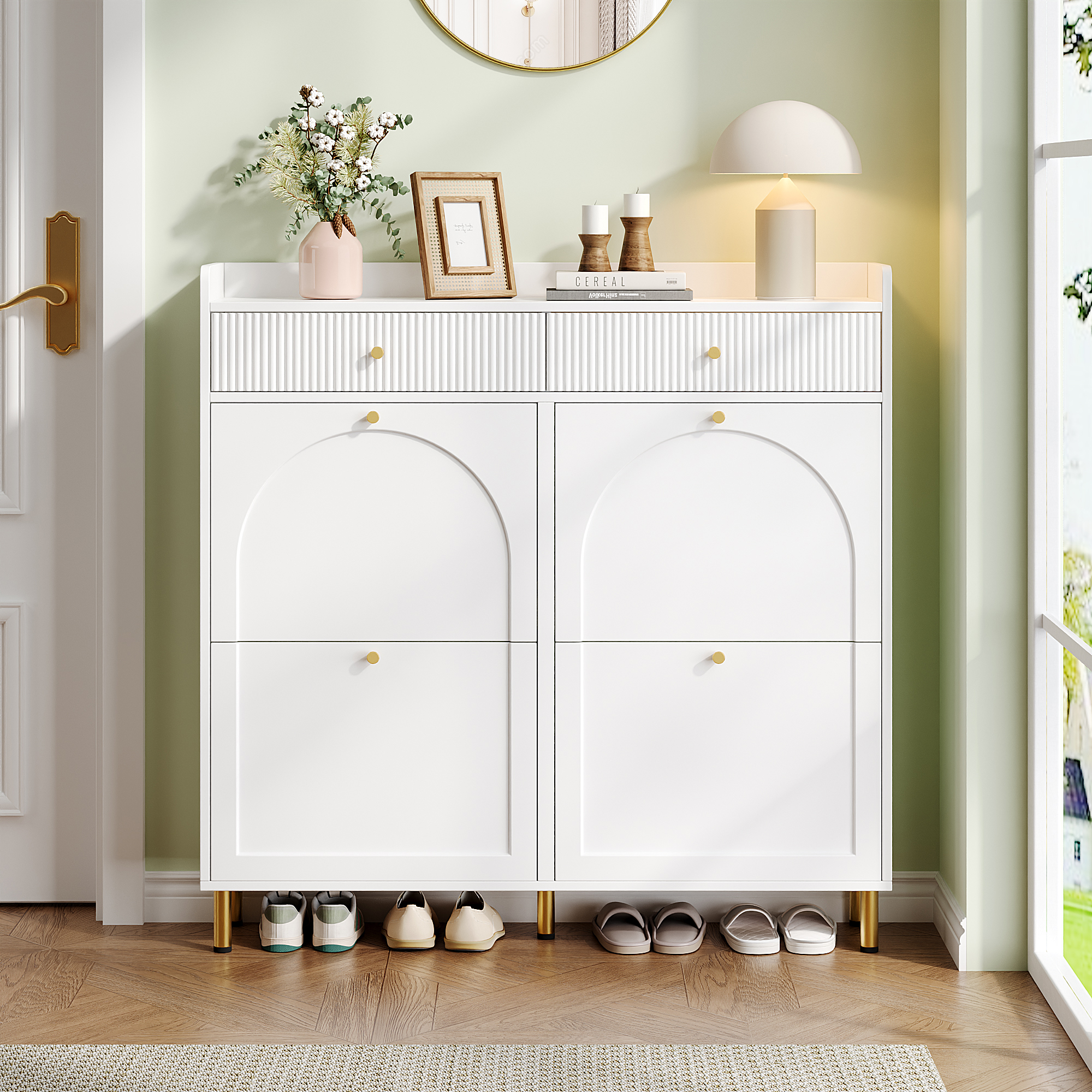 Narrow Shoe Cabinet With 4 Flip Doors And 2 Drawers, Adjustable Shelves, Metal