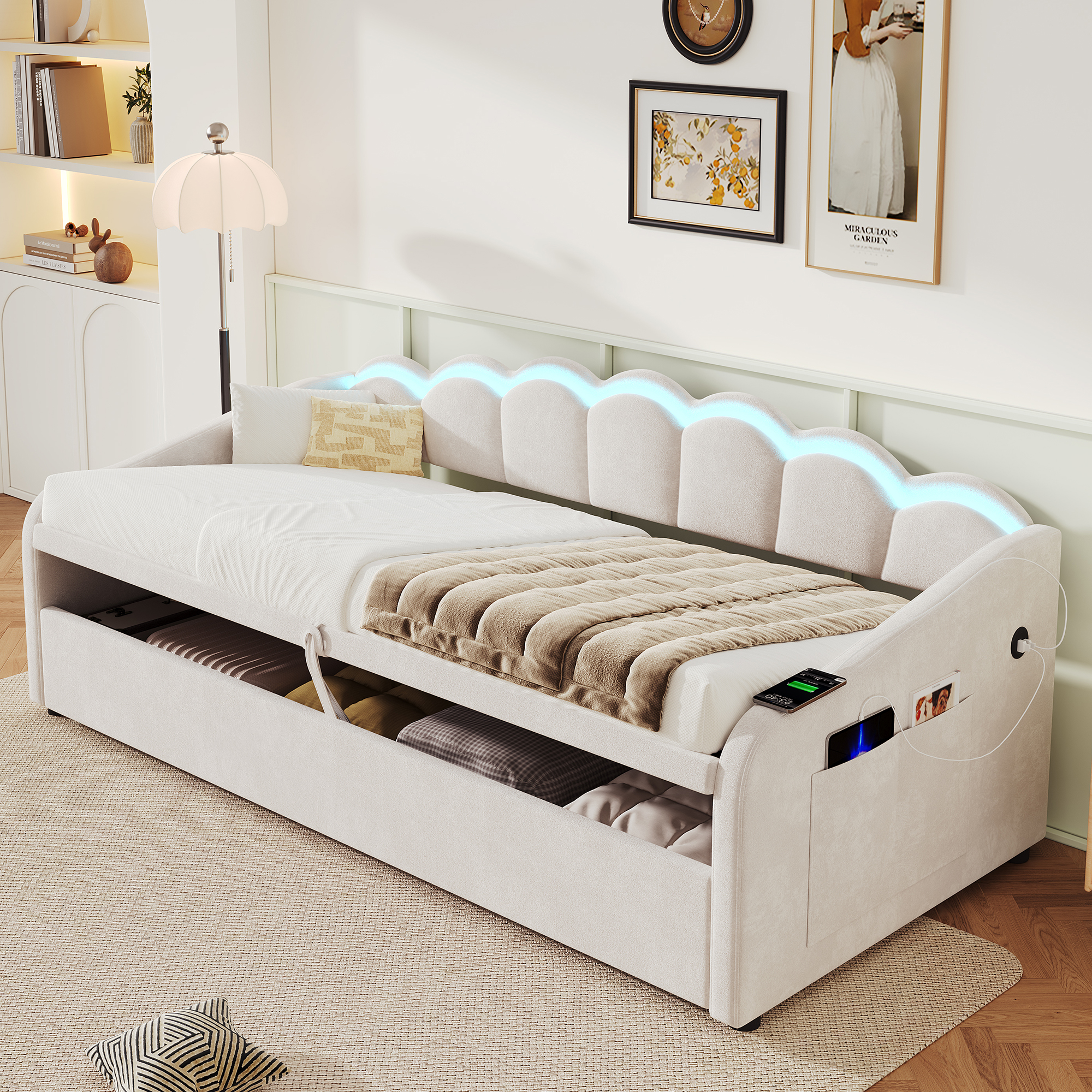 Upholstered Bed 90x190cm, Daybed, RGB LED Sofa With Charging Station, 3ft Petal — image 2