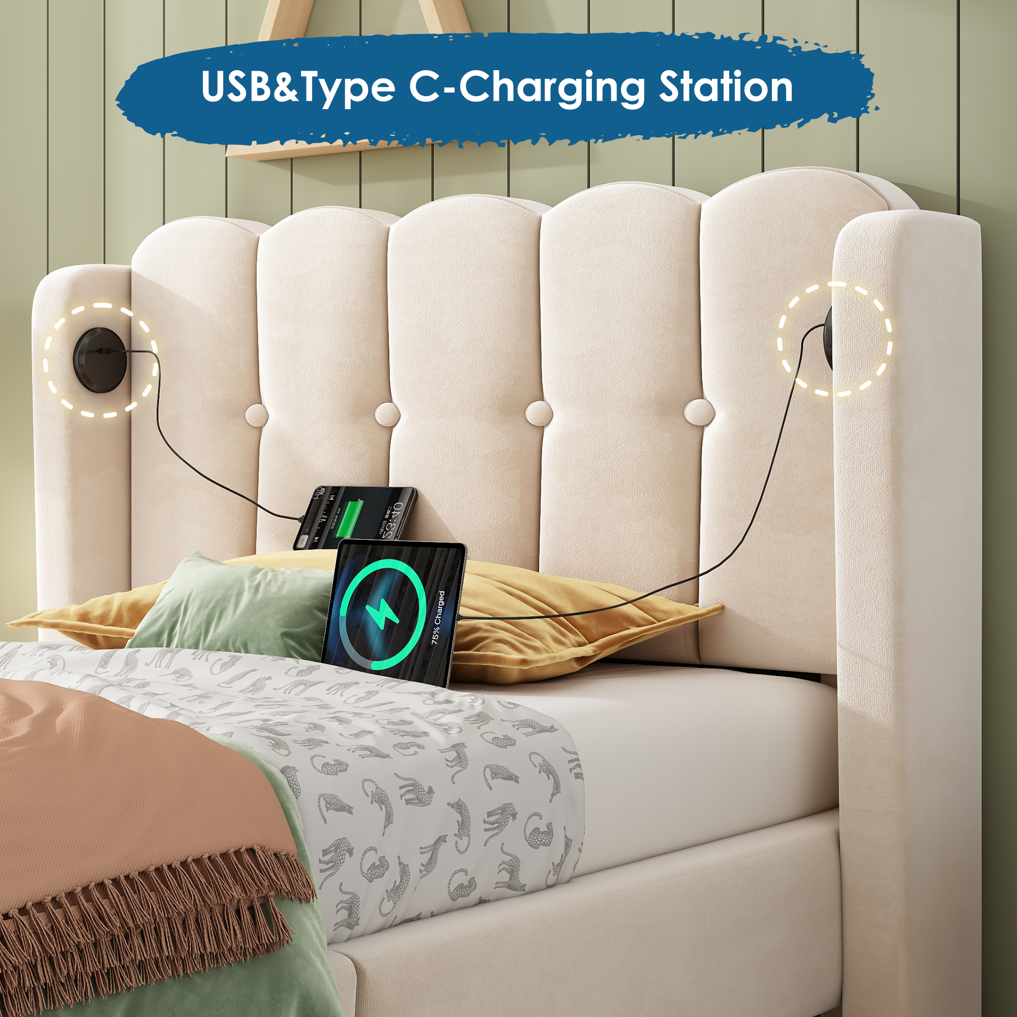 Upholstered Single Bed With USB And Type-C Charging, 3FT Frame Wooden Slatted — image 2