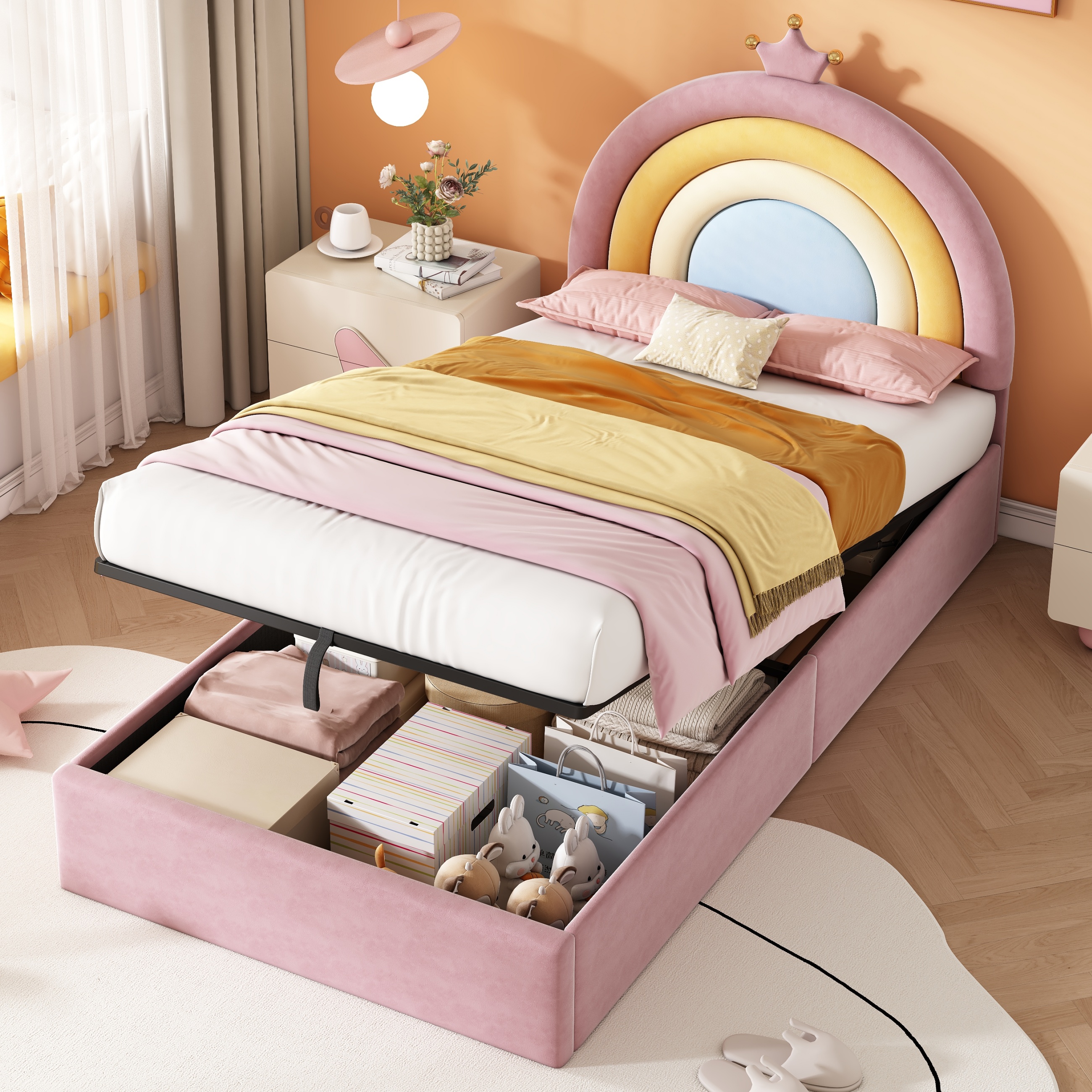 3ft Single Upholstered Hydraulic Bed With Adjustable Rainbow Headboard, Soft Velvet Bed Frame With Hydraulic Storage, Stylish Rainbow Headboard With Crown, No Box Spring Needed, Pink. No Mattress product image